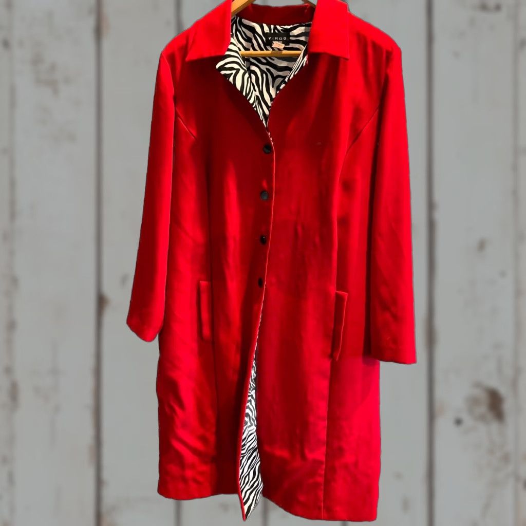 Vintage VIRGO WOMAN 2XL Long Red Button Jacket Duster Zebra Print Lining Trench Coat Unisex Adults Size XXL / US 16-18 / IT 52-54 - 1 Thumbnail