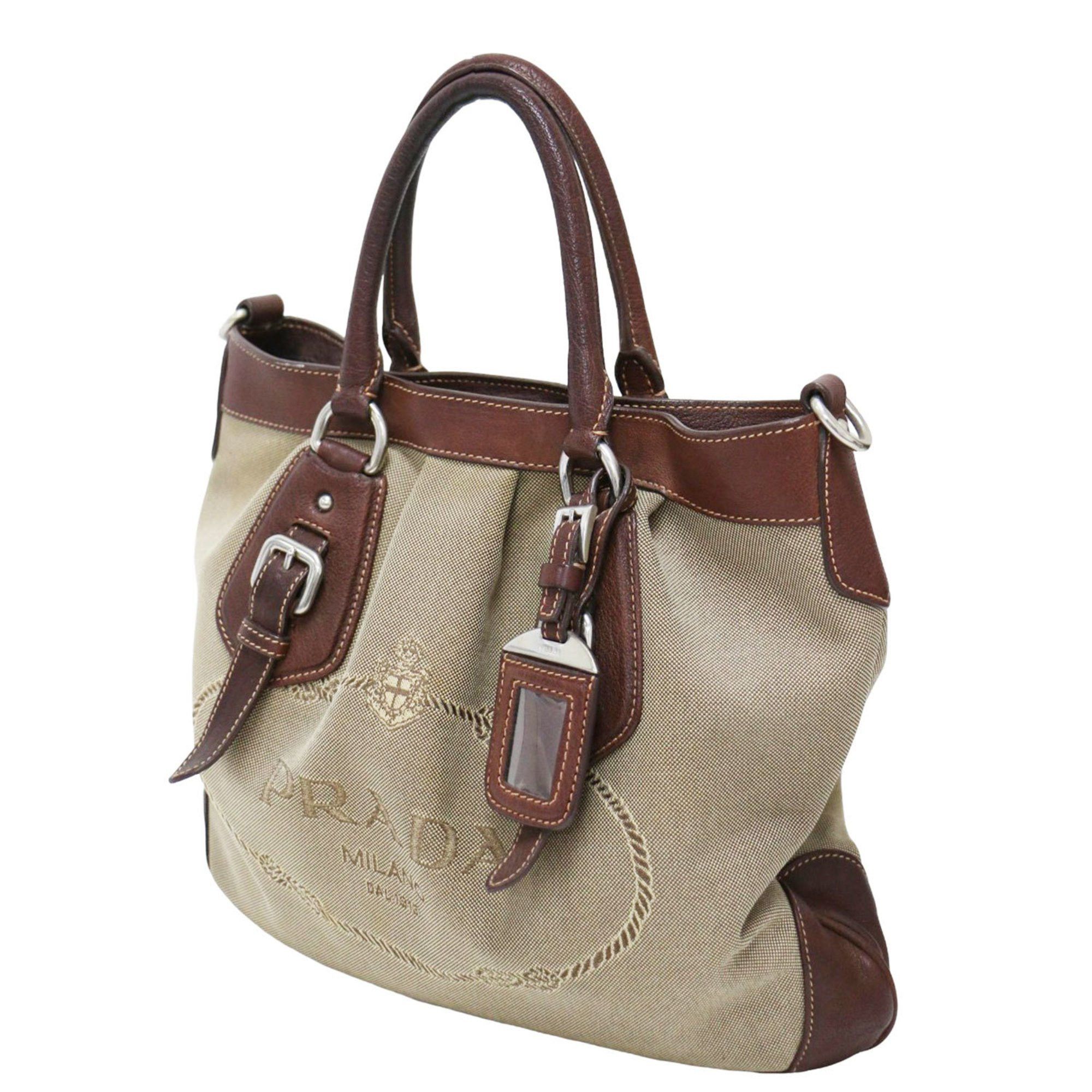 Prada Bag Jacquard Canvas Tote Bn1302 Shoulder Leather Combination Beige Brown Women's