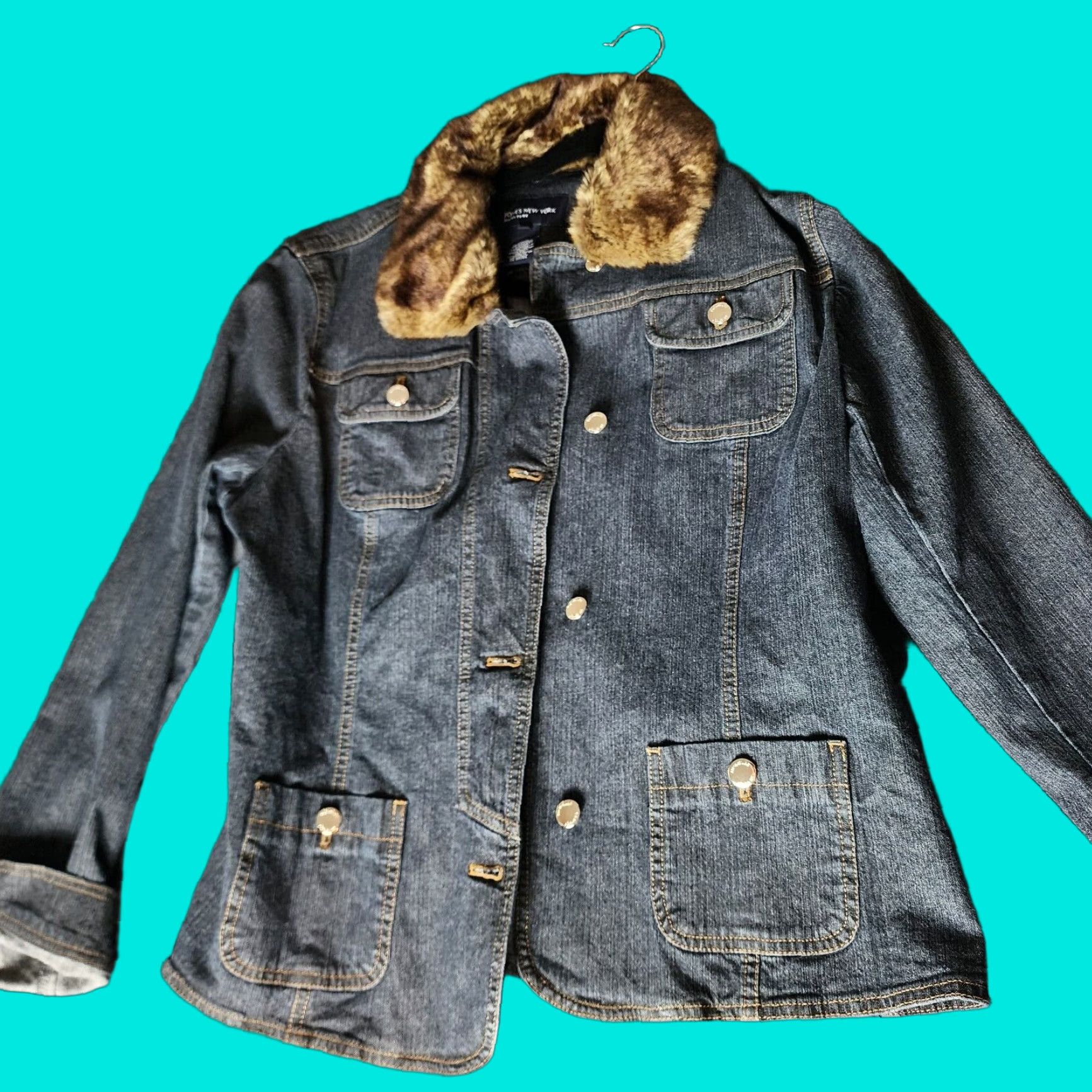 Jones New York Jones New York Women’s Denim Jean Jacket XL Blue Casual Short Button Collared Faux Fur Collar Size XL / US 12-14 / IT 48-50 - 1 Thumbnail