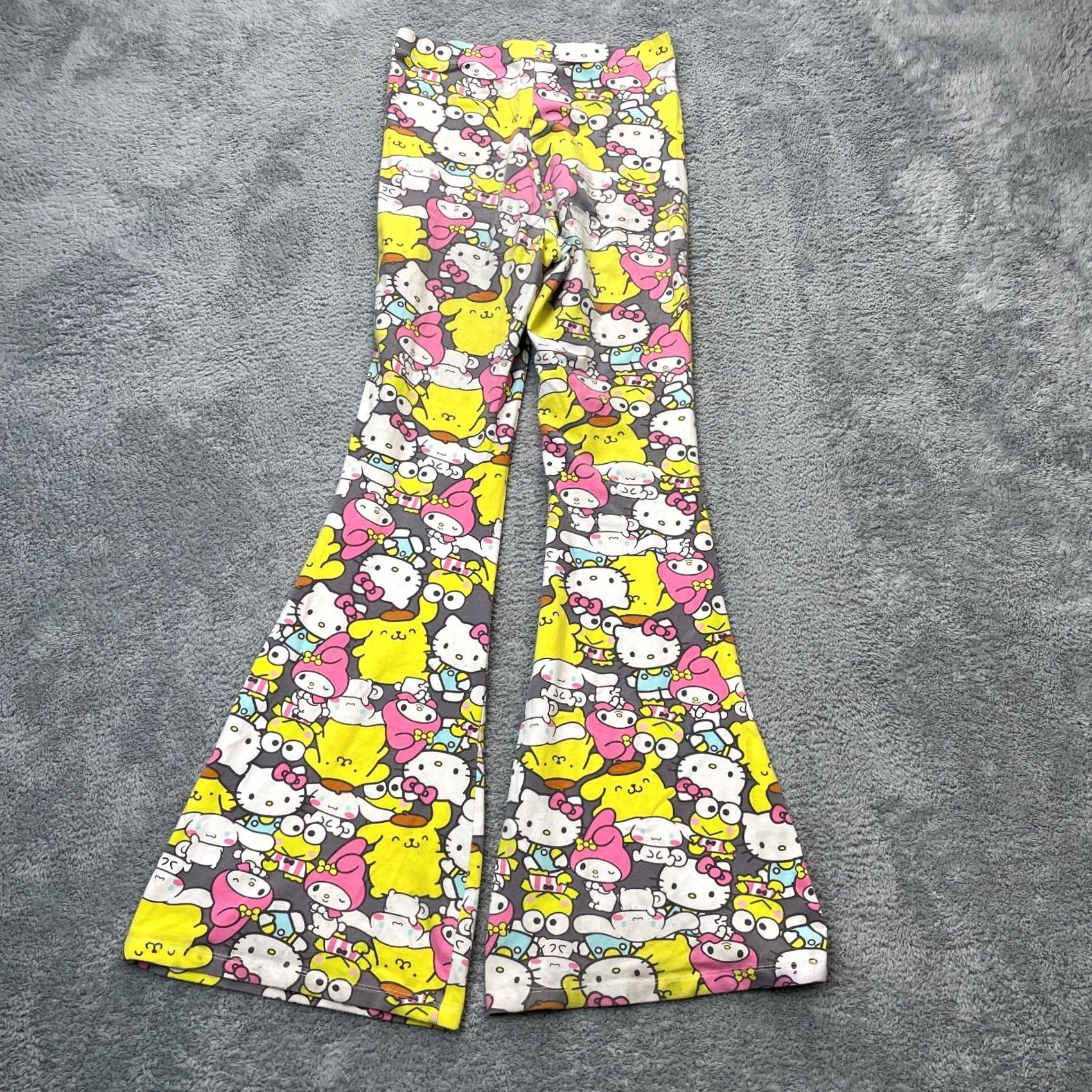 Vintage Hello Kitty Pants Womens 26 Yellow Sanrio Graphic Flared Bell Leg Stretch Anime Size 26" / US 2 / IT 38 - 2 Thumbnail