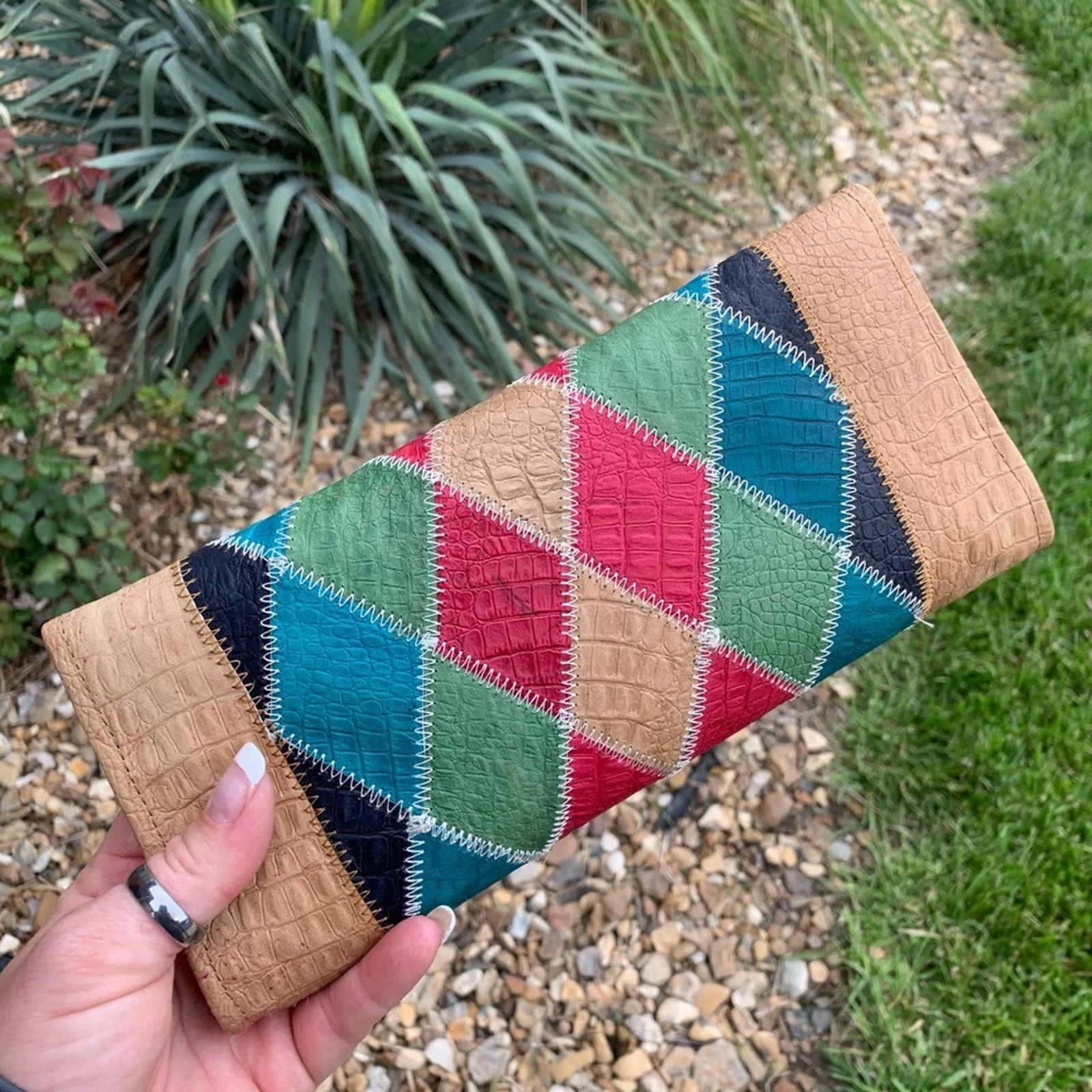 Vintage leather diamond patchwork clutch wallet Clutches