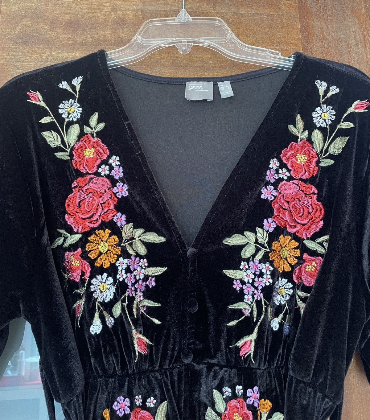 Asos ASOS Black Velvet Floral Embroidered Midi Tea Dress Size M / US 6-8 / IT 42-44 - 3 Thumbnail