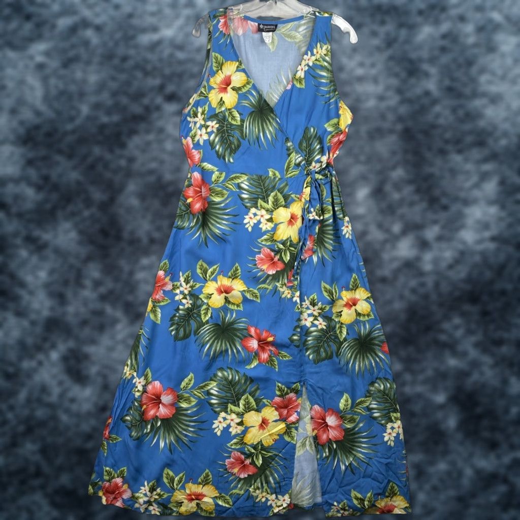Vintage VINTAGE Puanani Maxi Dress Women's XL Blue Floral Sundress Beach Hawaiian V-Neck Slit Tropical Style Size XL / US 12-14 / IT 48-50 - 1 Thumbnail