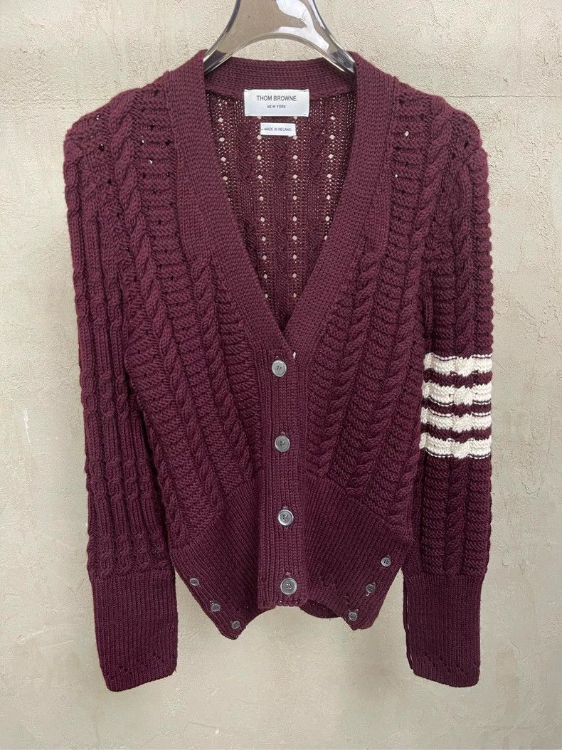Thom Browne Thom Browne A wine red four-striped wool sweater Size S / US 4 / IT 40 - 4 Thumbnail