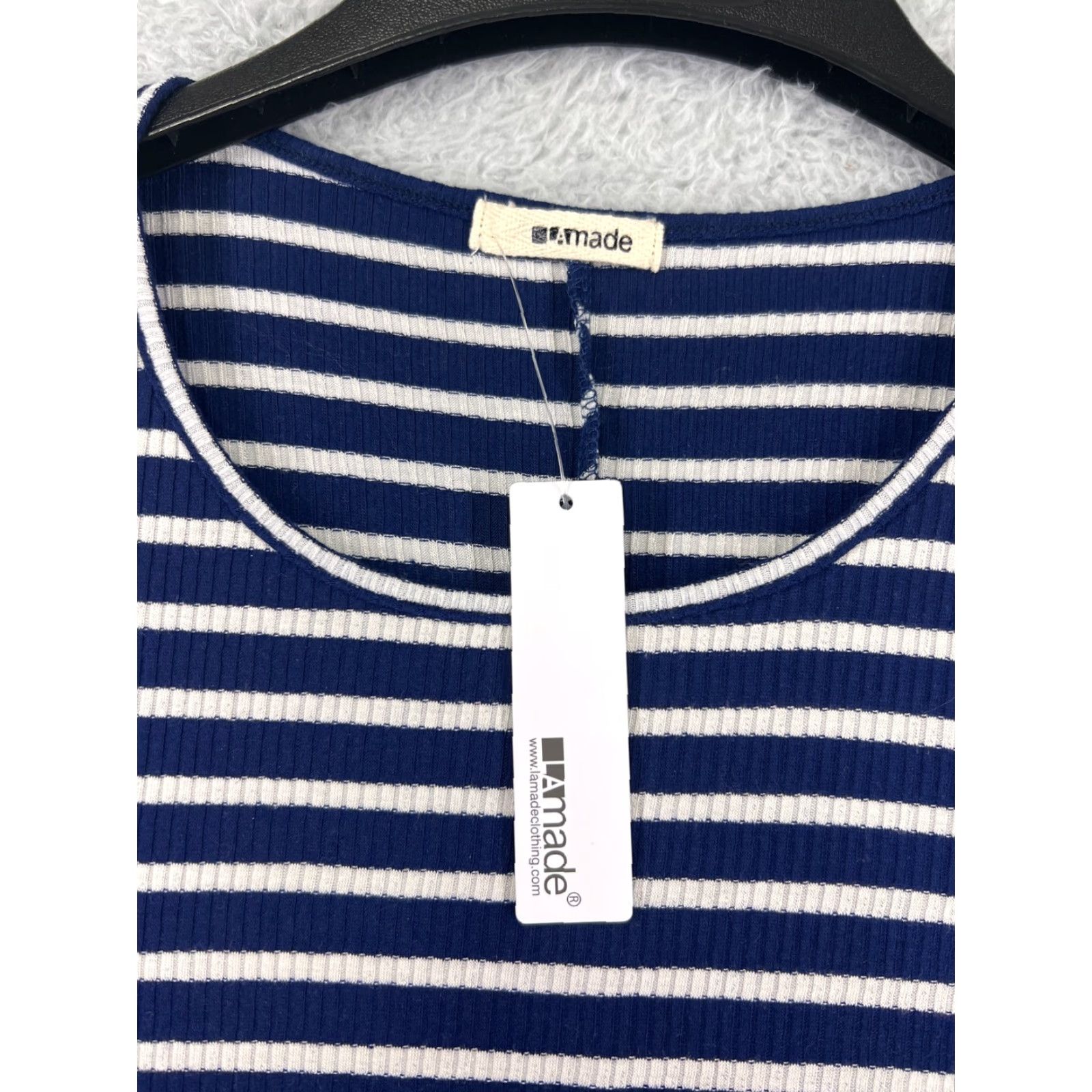 Vintage LA made Dress Womens M Blue White Striped Long Sleeve Round Neck Pullover Knit Polyester Mini Vintage No Size M / US 6-8 / IT 42-44 - 3 Thumbnail