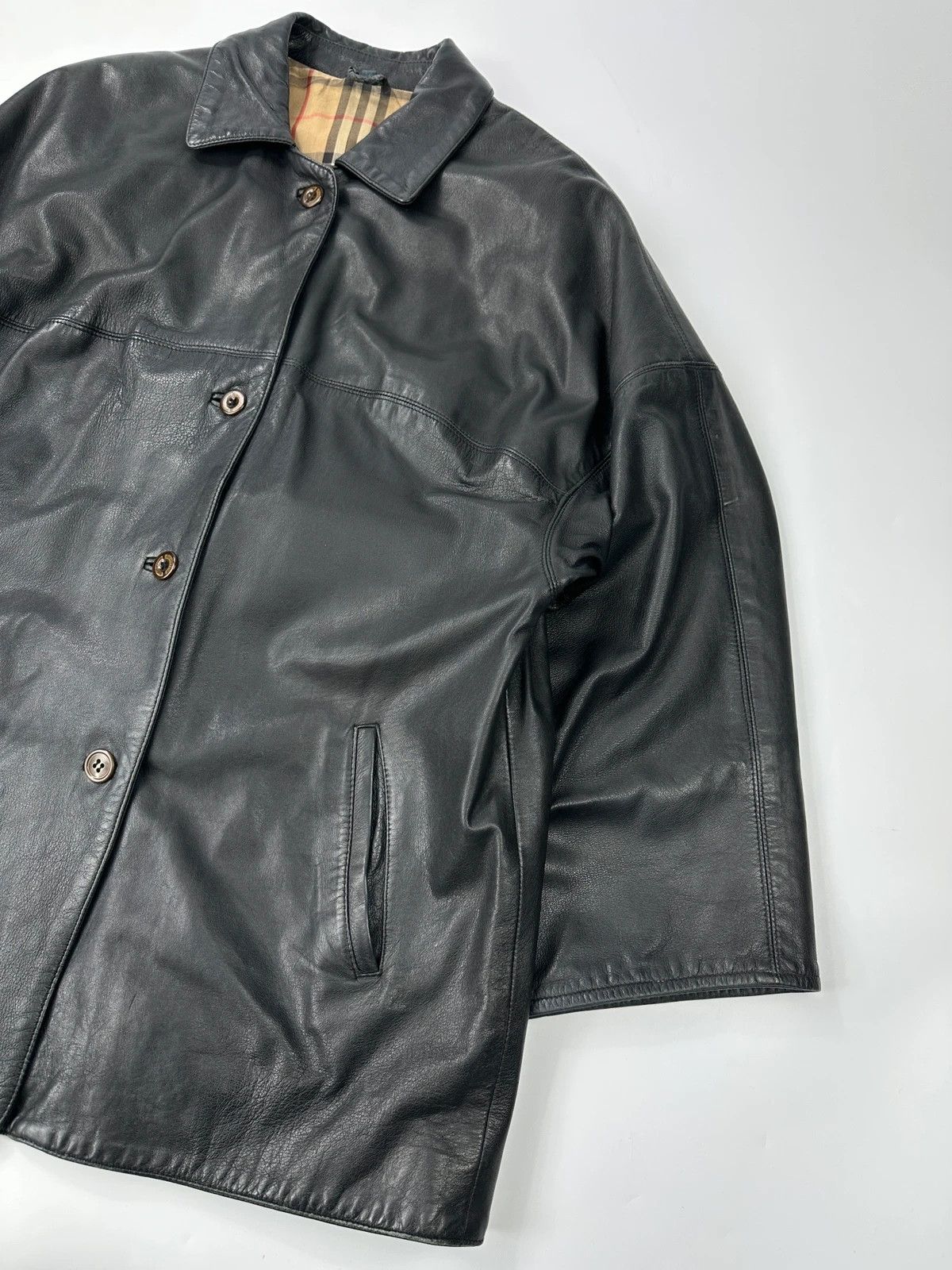 Burberry Burberrys 90s Black Leather Trench Coat Tartan Monogram Size US L / EU 52-54 / 3 - 5 Thumbnail