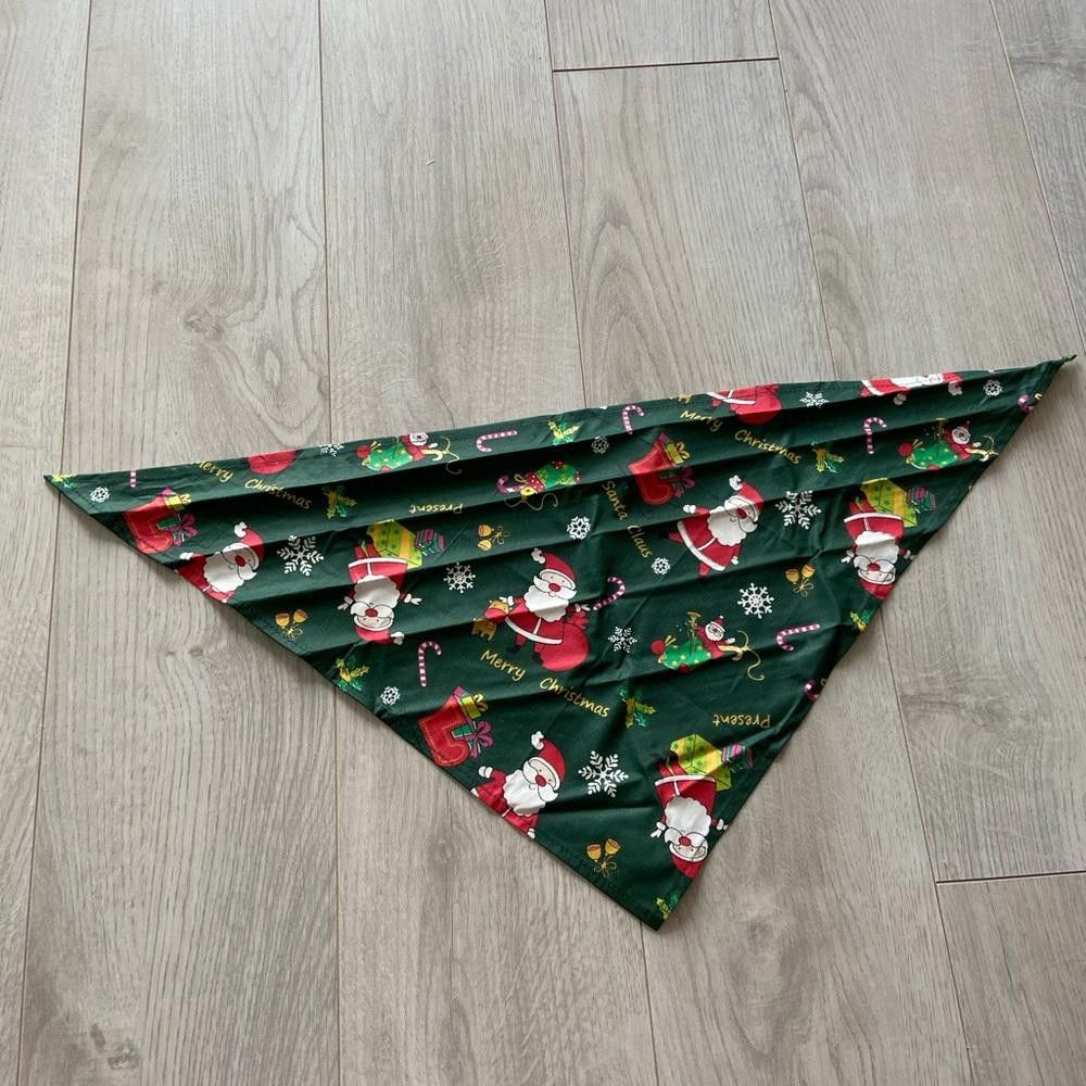Designer Green Christmas Santa Dog Bandana Size ONE SIZE - 1 Thumbnail