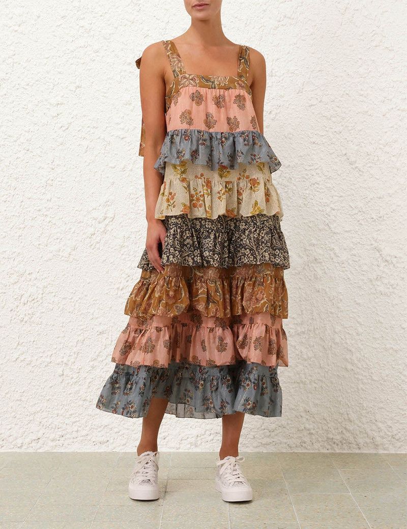 Zimmermann oc11z0226 Tallow Tiered Midi Dress In Multicolor Size S / US 4 / IT 40 - 6 Thumbnail