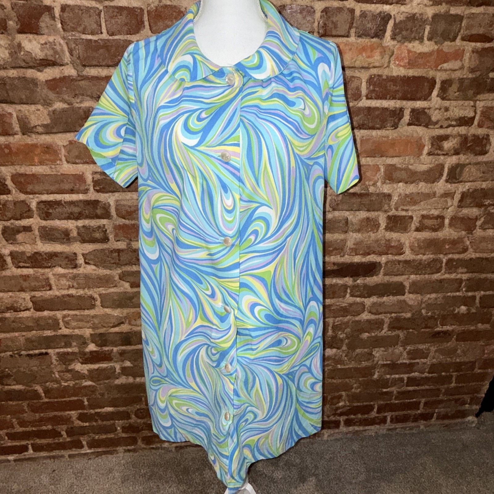 Sears Vintage Sears Blue Swirl Mod Bright Granny House Dress Sz L Size L / US 10 / IT 46 - 3 Thumbnail