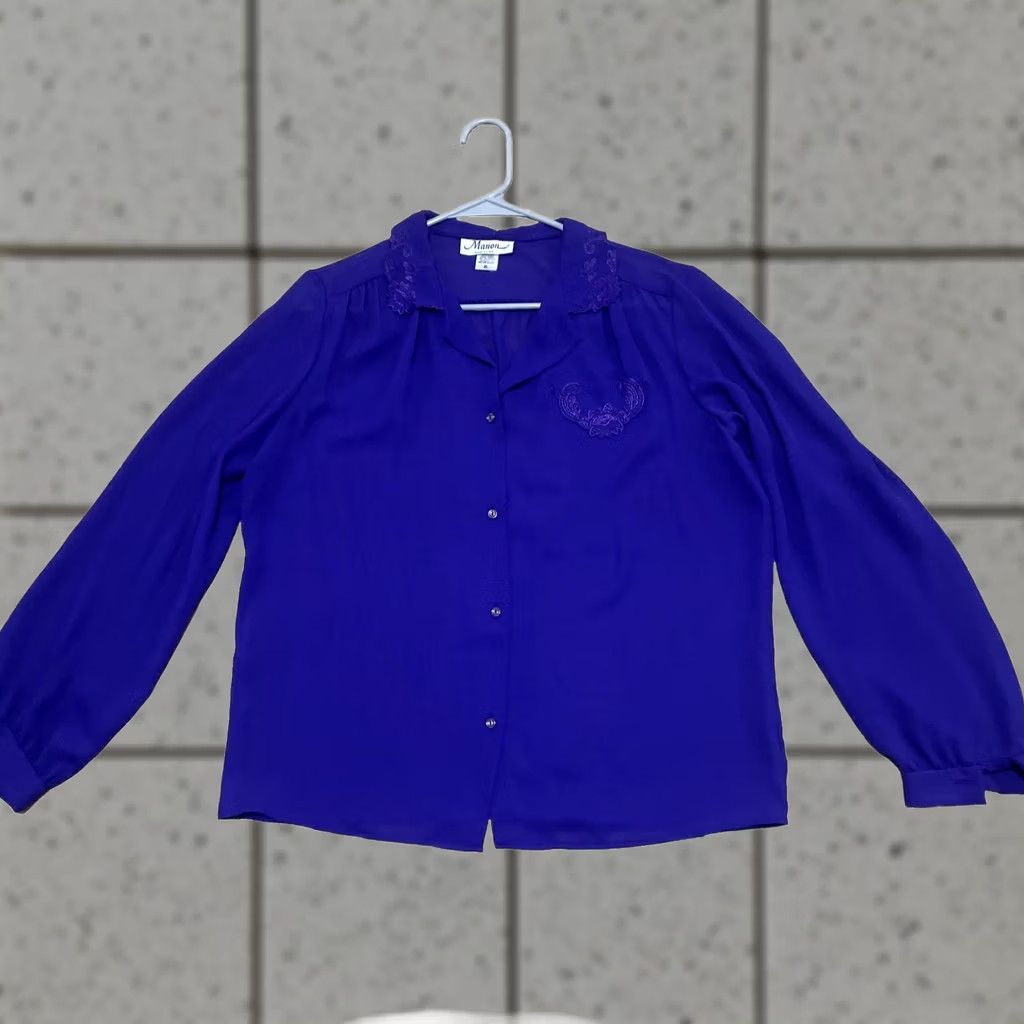 Vintage VINTAGE Manon Made USA Blouse Chiffon Top Women XL Purple Royal Purple Sheer Lace Button Up 1970s USA 70s Womens Size XL / US 12-14 / IT 48-50 - 1 Thumbnail