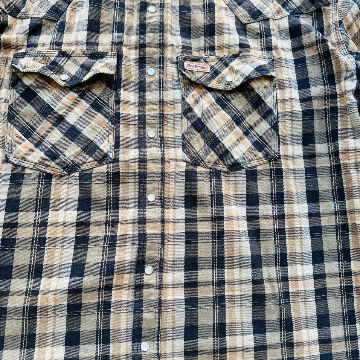 FiveBrother Five Brother Mens 3XLT Brown Black Plaid Pearl Snap Flannel Size US XXL / EU 58 / 5 - 2 Thumbnail