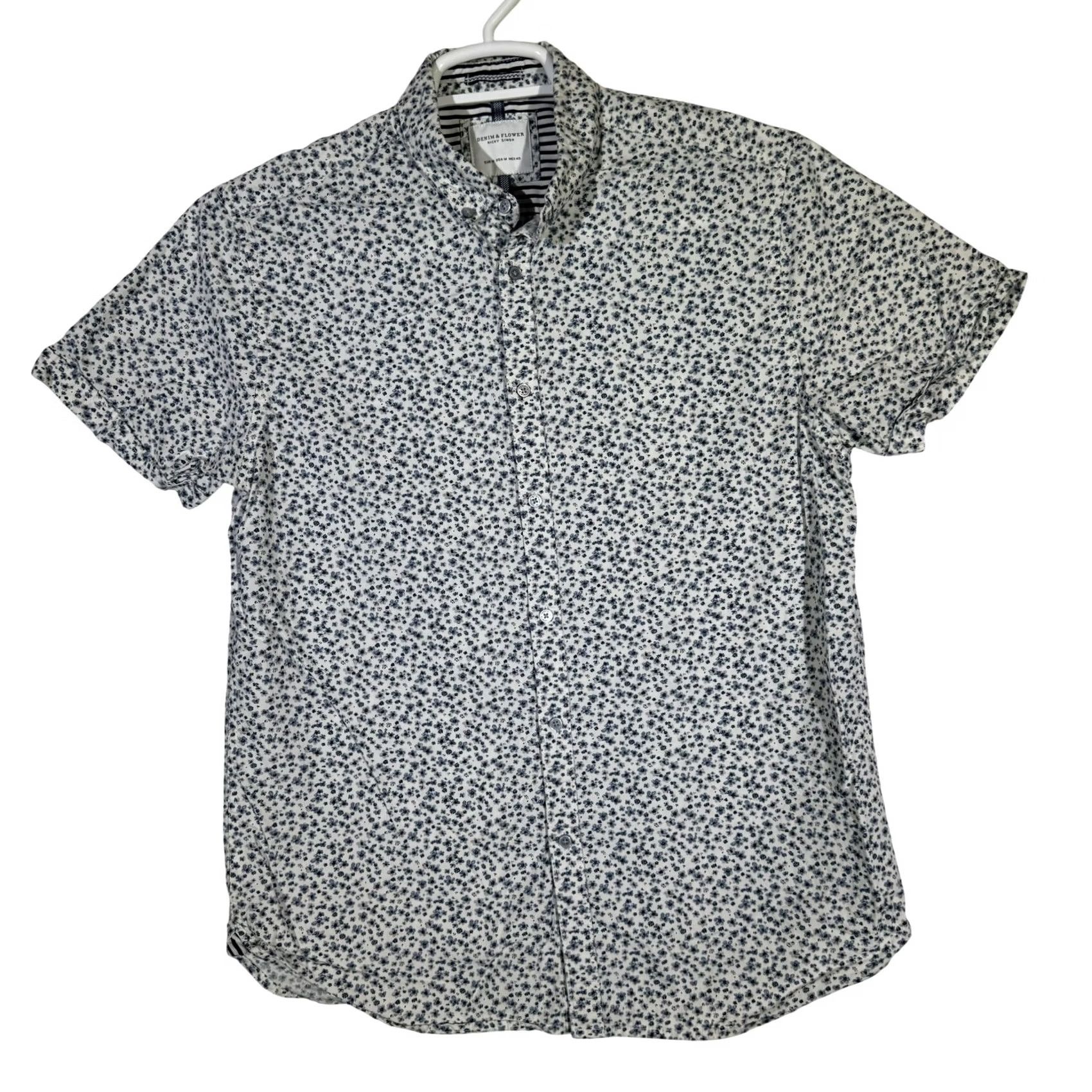 Denime Denim & Flower Shirt Mens Medium Blue White Floral Button-Down Short Sleeve Casual Summer Shirt Size US M / EU 48-50 / 2 - 2 Thumbnail