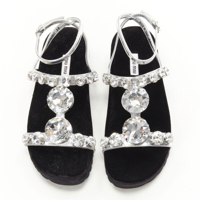 Miu Miu MIU MIU large rhinestone crystal metallic silver velvet flat sandals EU36 Size US 6 / IT 36 - 1 Thumbnail