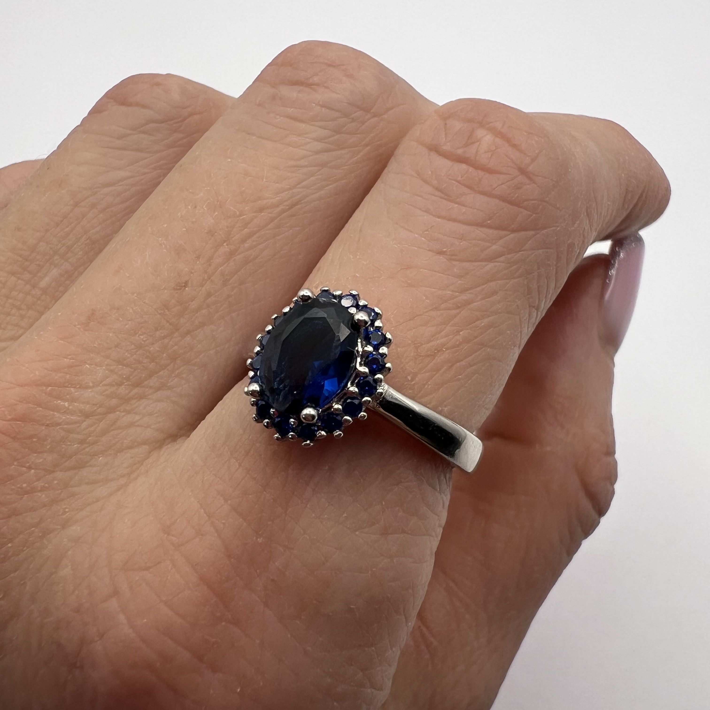 Sterling Silver 925 Sterling Silver Blue Sapphire Ring with Halo Stones Size ONE SIZE - 1 Thumbnail