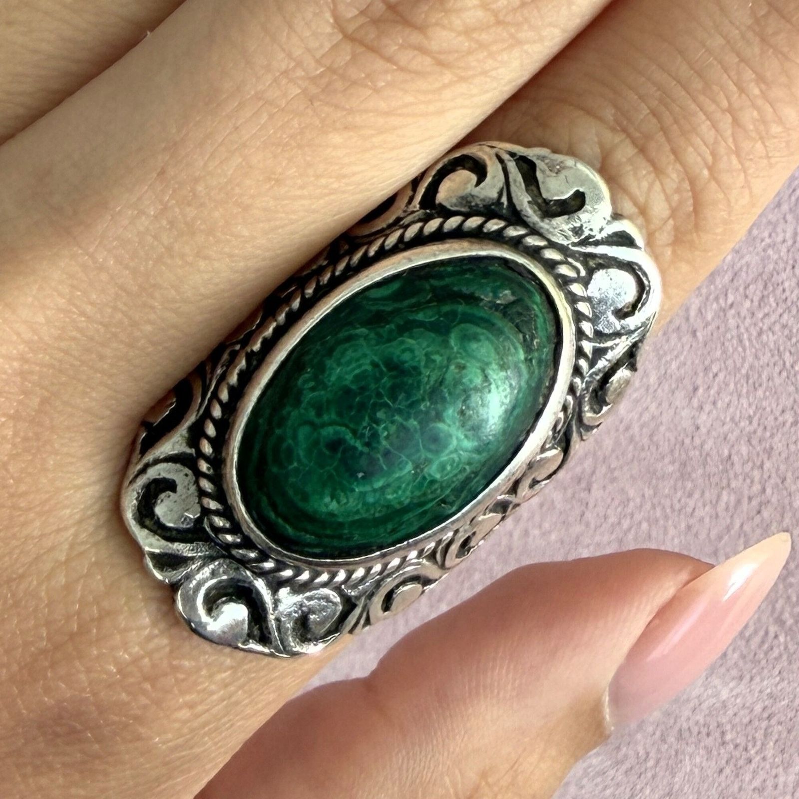 Mexicana mexico sterling silver vintage malachite scroll ring size 6 Size ONE SIZE - 1 Thumbnail