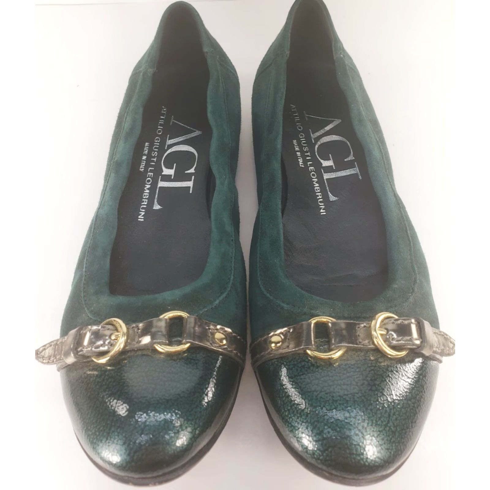AGL AGL Green Suede Leather Cap Toe Flats Women's 6.5M 37.5EU Casual Formal Slip On Cap Toe Buckle Leather Lining Size ONE SIZE - 3 Thumbnail