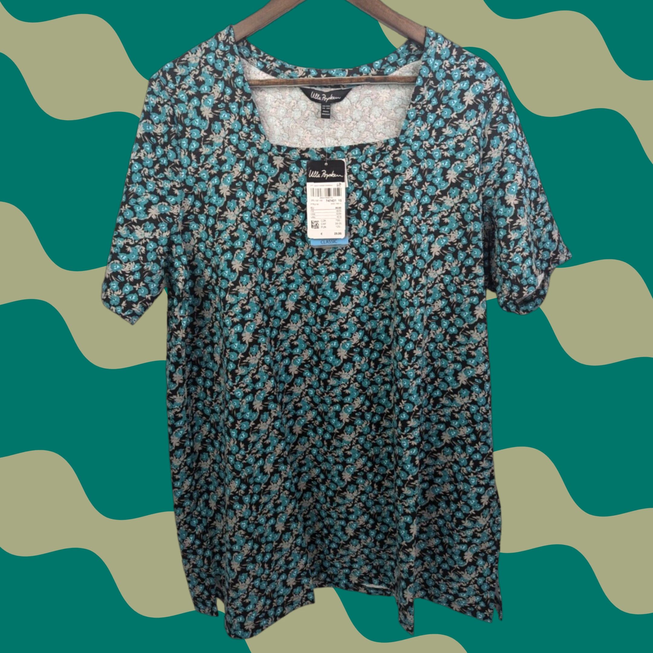 Vintage NWT Ulla Popken Classic Floral Tee Square Neck Short Sleeve Plus Sz 16/18 Turquoise Blue Women's T-Shirt Oeko-Tex Size XXL / US 16-18 / IT 52-54 - 1 Thumbnail
