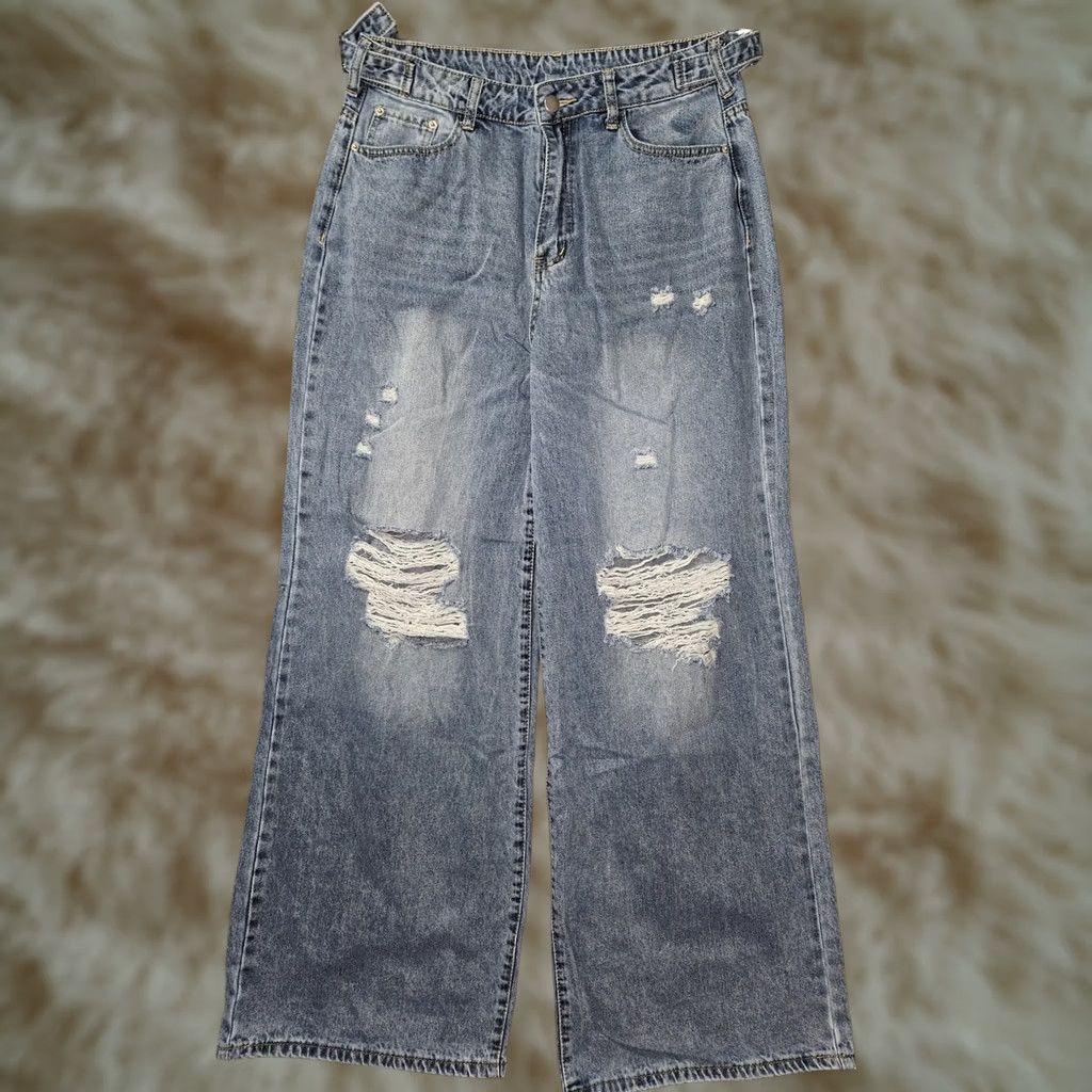 Shein SHEIN Jeans Womens Size 32 Blue High Rise Wide Leg Distressed Denim Buckle Waist Size 24" / US 00 / IT 34 - 1 Thumbnail