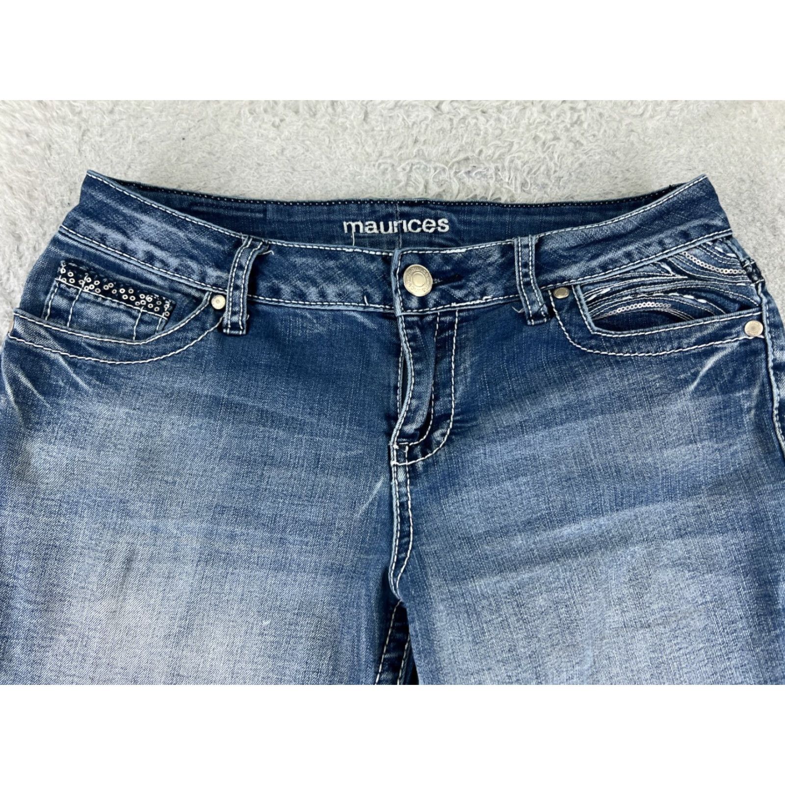 Vintage Maurices Jeans Women Flared Denim 5 Regular Blue 29x31 Stretch Low Rise Womens Cowboy Southwestern 90s Style Size 27" / US 4 / IT 40 - 4 Thumbnail