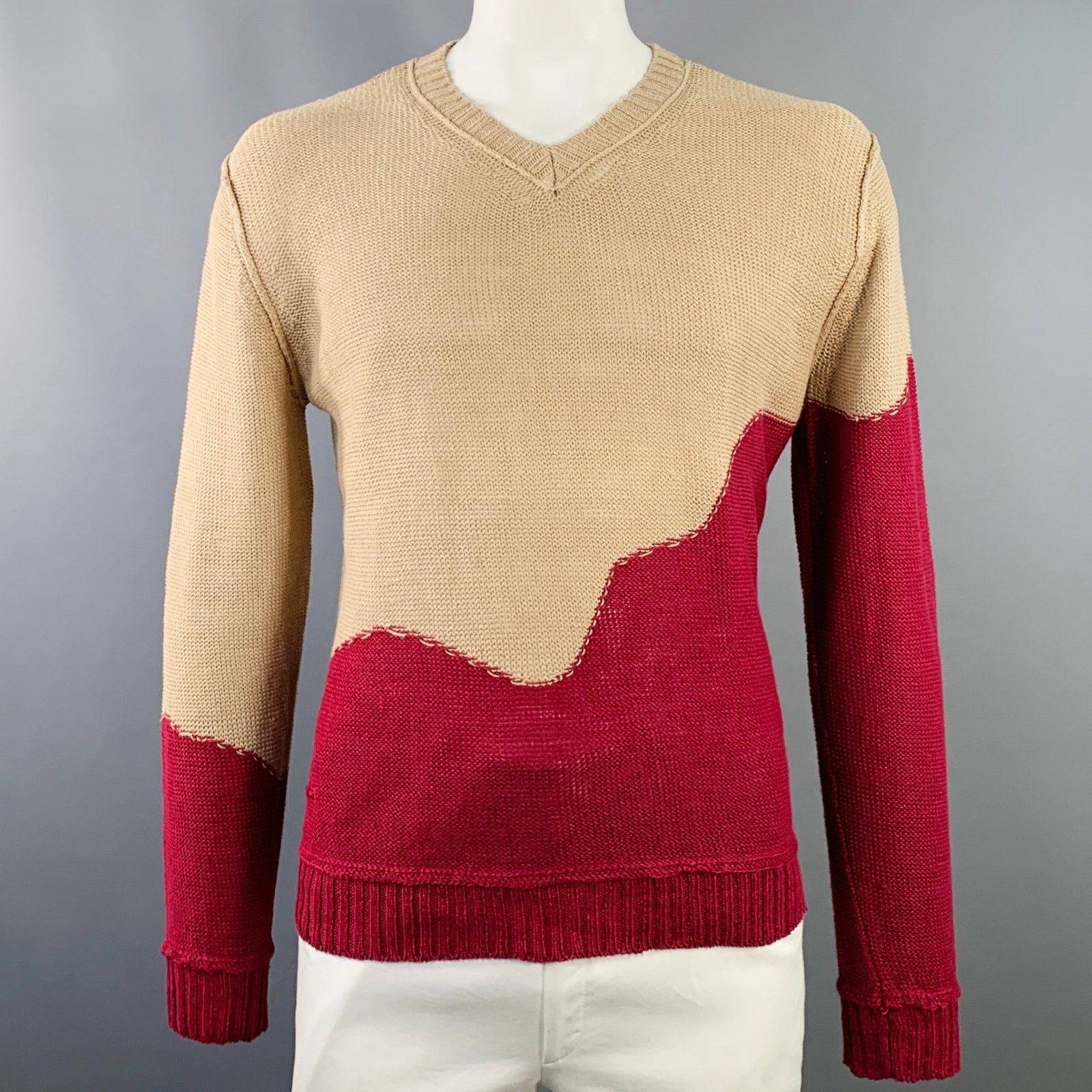 Opening Ceremony RODARTE Beige Red Knit Linen V-Neck Sweater Size US L / EU 52-54 / 3 - 1 Thumbnail
