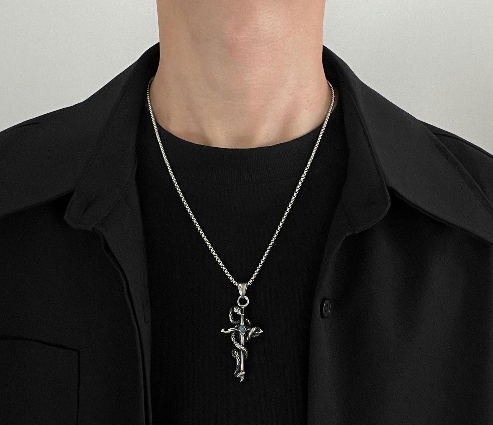 Jewelry Silver Snake & Cross - Blue Gemstone Pendant Necklace Size ONE SIZE - 2 Thumbnail