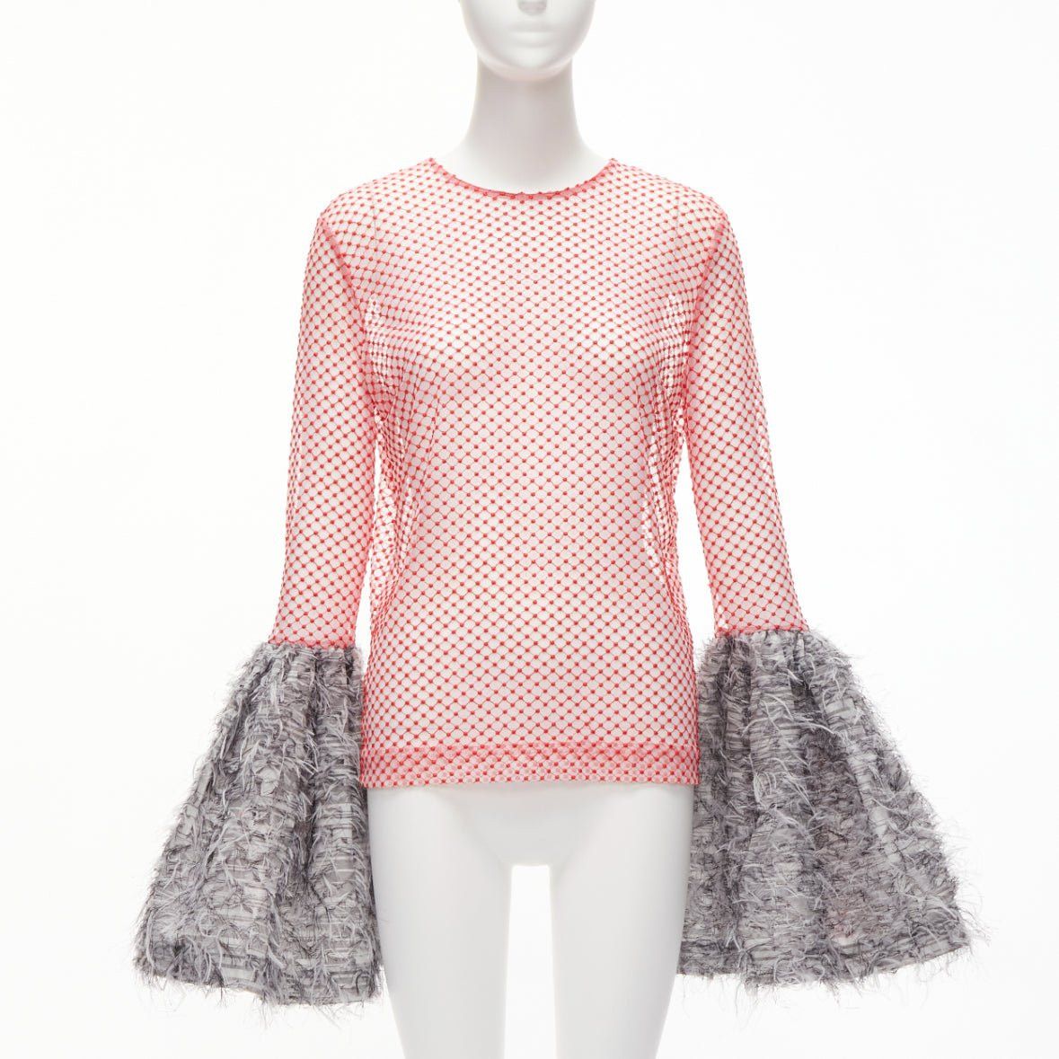 ANAIS JOURDEN ANAIS JOURDEN red white textured grey gigantic flared faux feather cuff red mesh top FR36 S Size S / US 4 / IT 40 - 1 Thumbnail