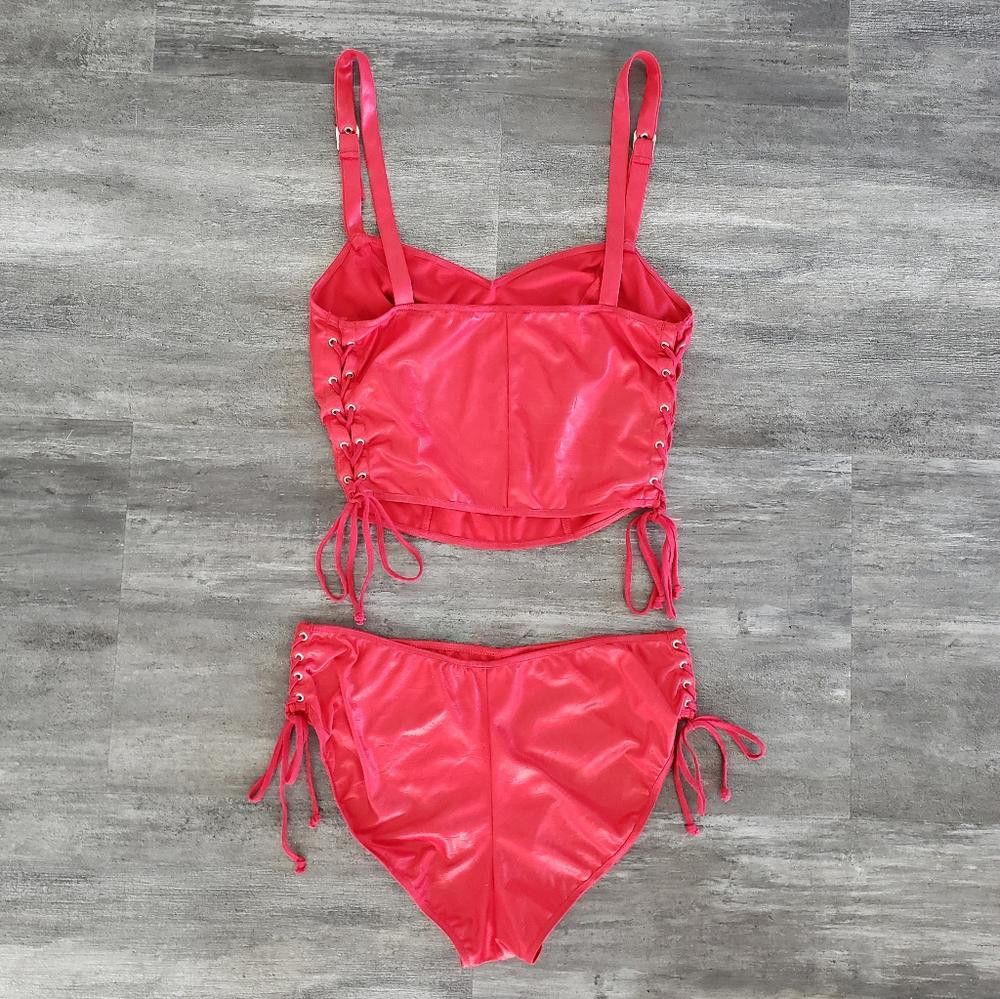Designer Red Metallic Fredericks Laced Up Seduction Set Size ONE SIZE - 2 Thumbnail
