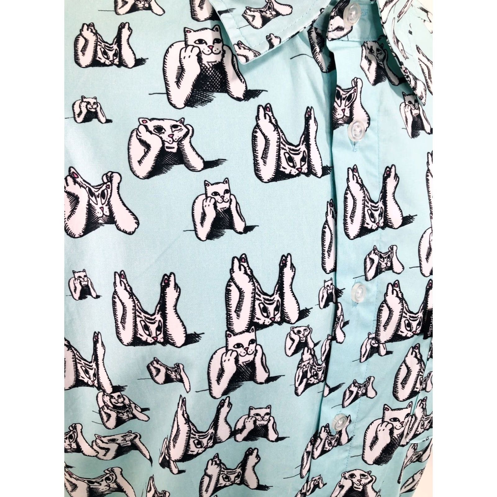RIPNDIP RIPNDIP / NEW w TAGS - CATS KITTENS ALL OVER Md. Shirt Shirt Men M Blueish Green / Black / White Cat 90s Theme Mens Size US M / EU 48-50 / 2 - 3 Thumbnail