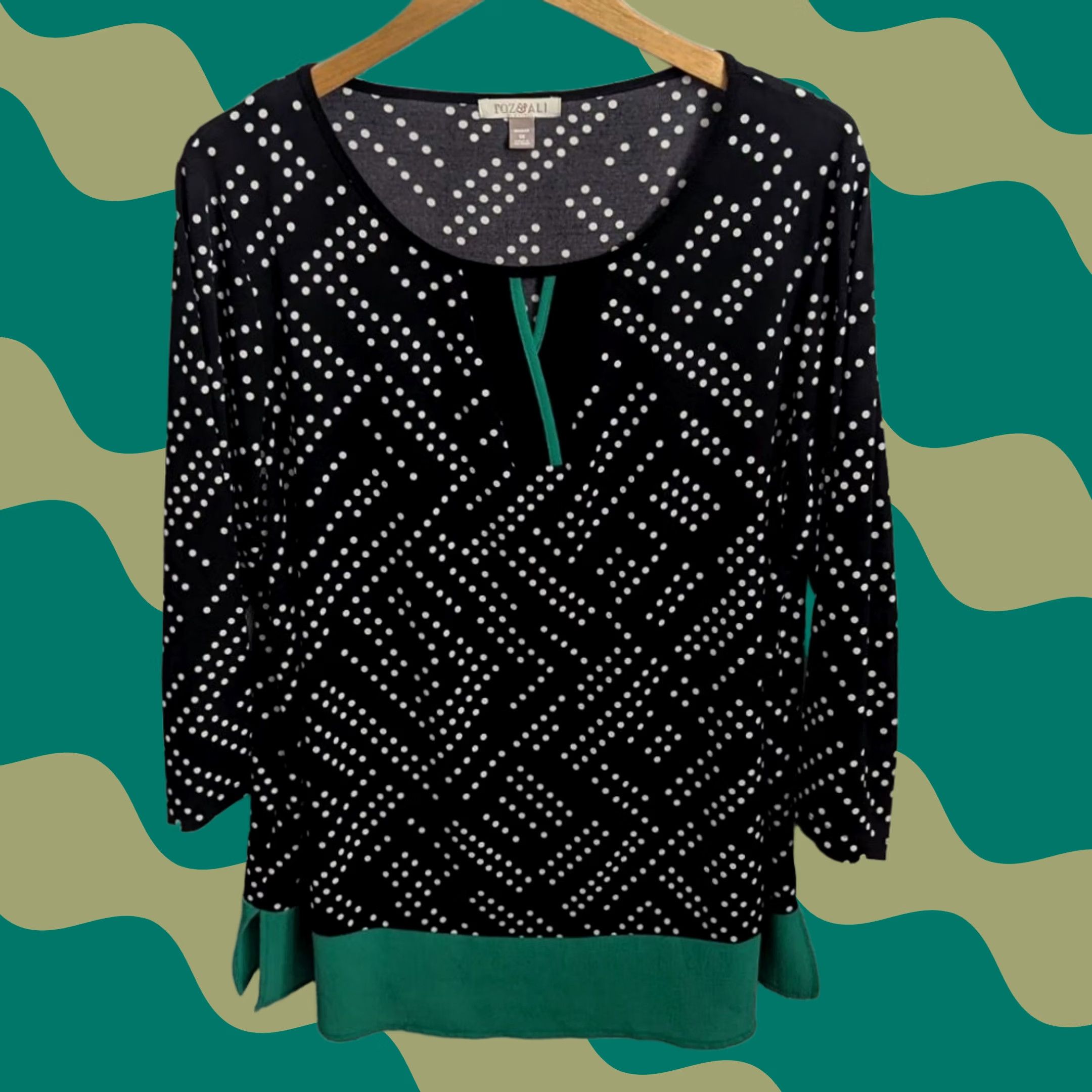 Vintage Roz & Ali Womens 1X Black White Green Polka Dot 3/4 Sleeve Top Office Retro Stretch Size XL / US 12-14 / IT 48-50 - 1 Thumbnail