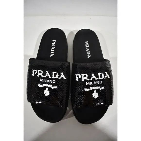 Prada o1B3y1r0526 Sequin Slide Sandals in Black Size US 9 / IT 39 - 4 Thumbnail