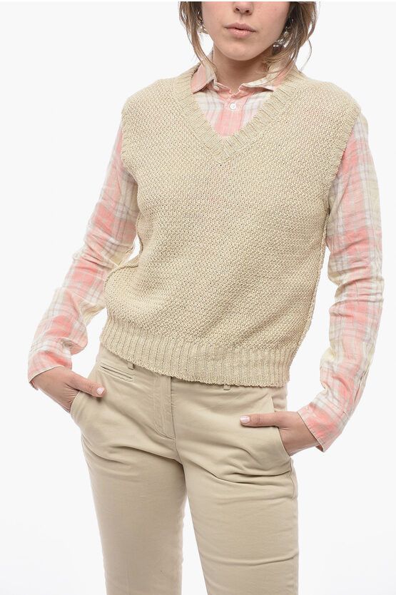 image of Maison Margiela Mm1 V Neck Hemp Vest in Beige, Women's (Size Medium)