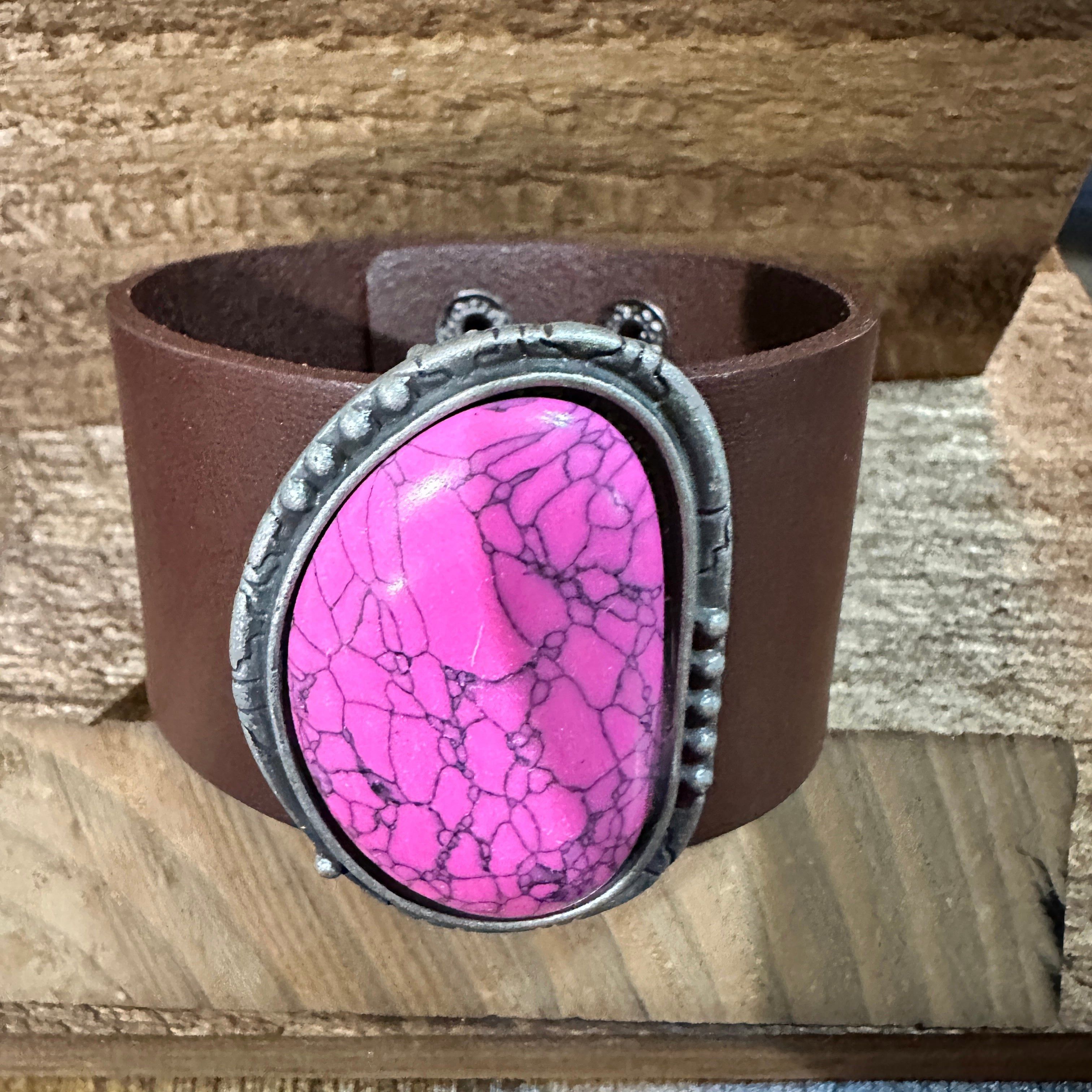 Other Hot Pink Stone and Dark Brown Leather Cuff Bracelet Size ONE SIZE - 1 Thumbnail