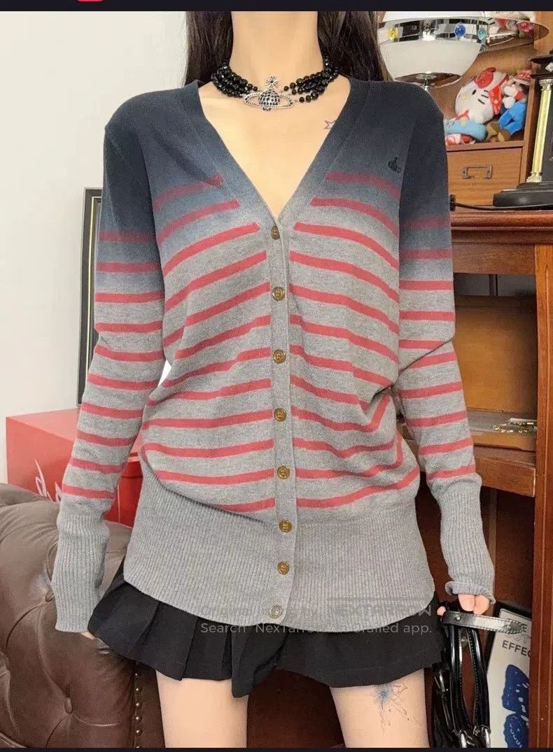 Vivienne Westwood Vivienne Westwood Gray Red Stripe Gradient Knit Cardigan Size M / US 6-8 / IT 42-44 - 2 Thumbnail