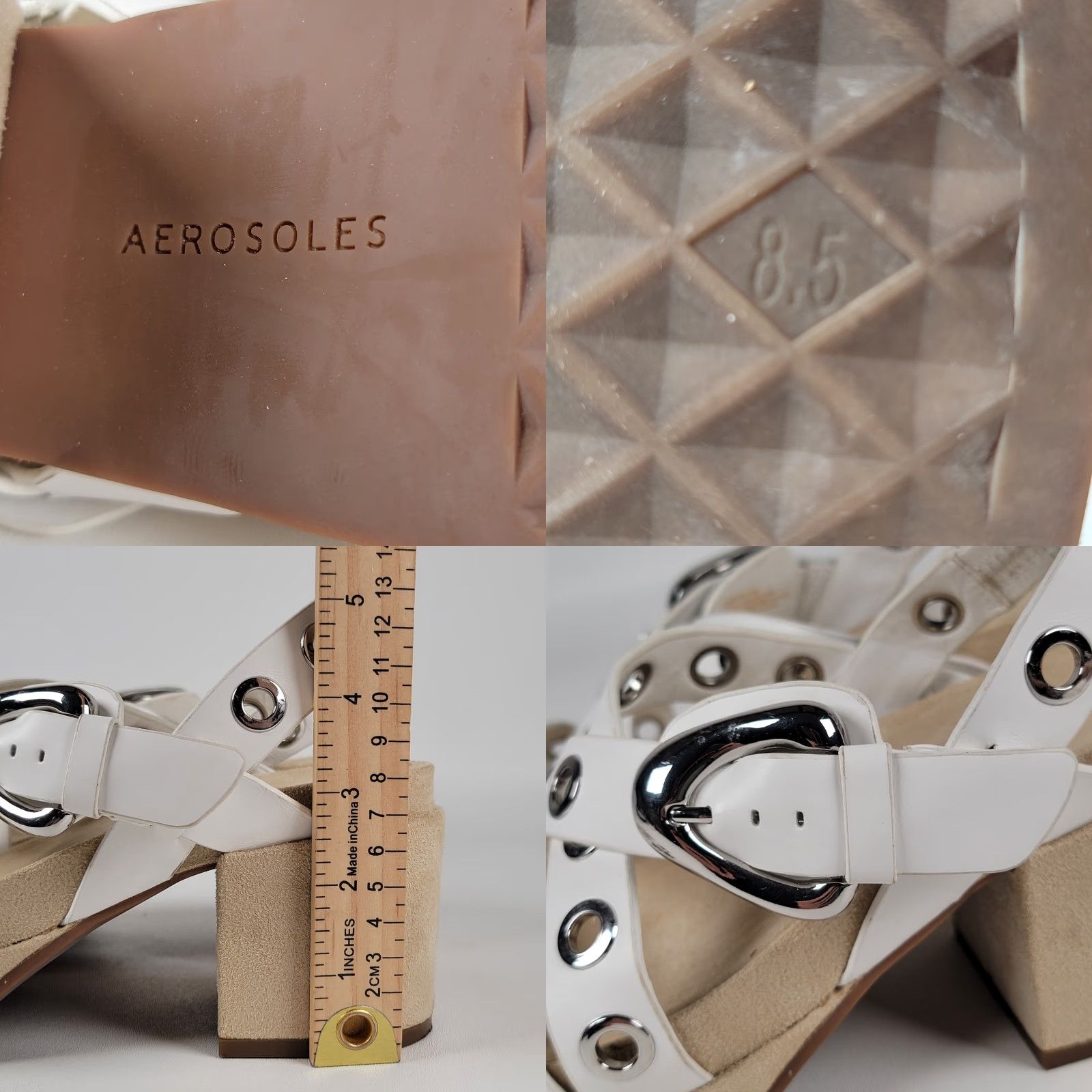 Vintage Aerosoles Sandal Women's White/Metal Ring Accents Cleveland Heeled Buckle 8.5 Strappy Leather Casual Women's Size 8.5 Size US 9 / IT 39 - 8 Thumbnail