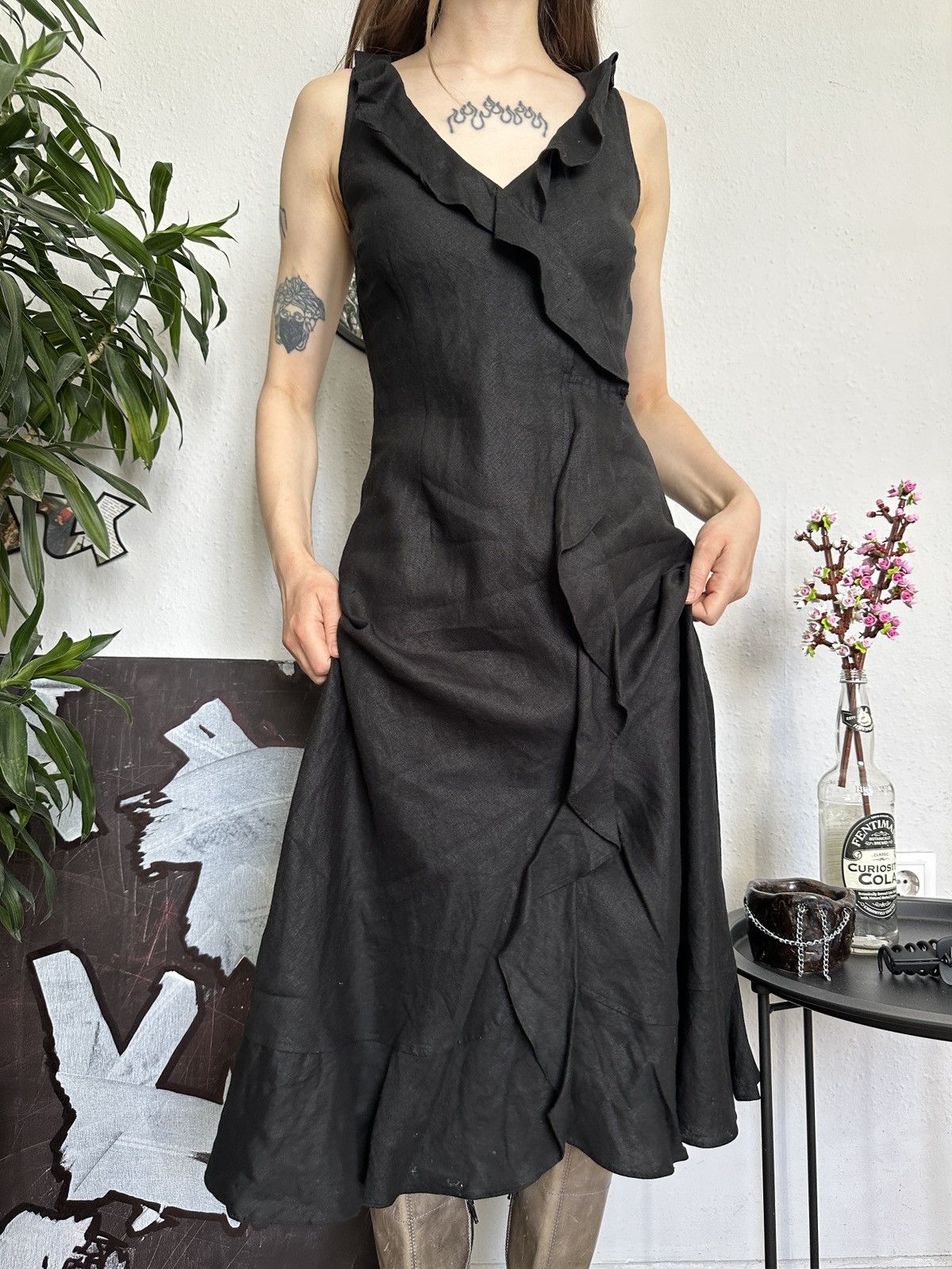 Designer Linen Ruffled Maxi Dress Cottage Coquette Retro Core Size XS / US 0-2 / IT 36-38 - 4 Thumbnail
