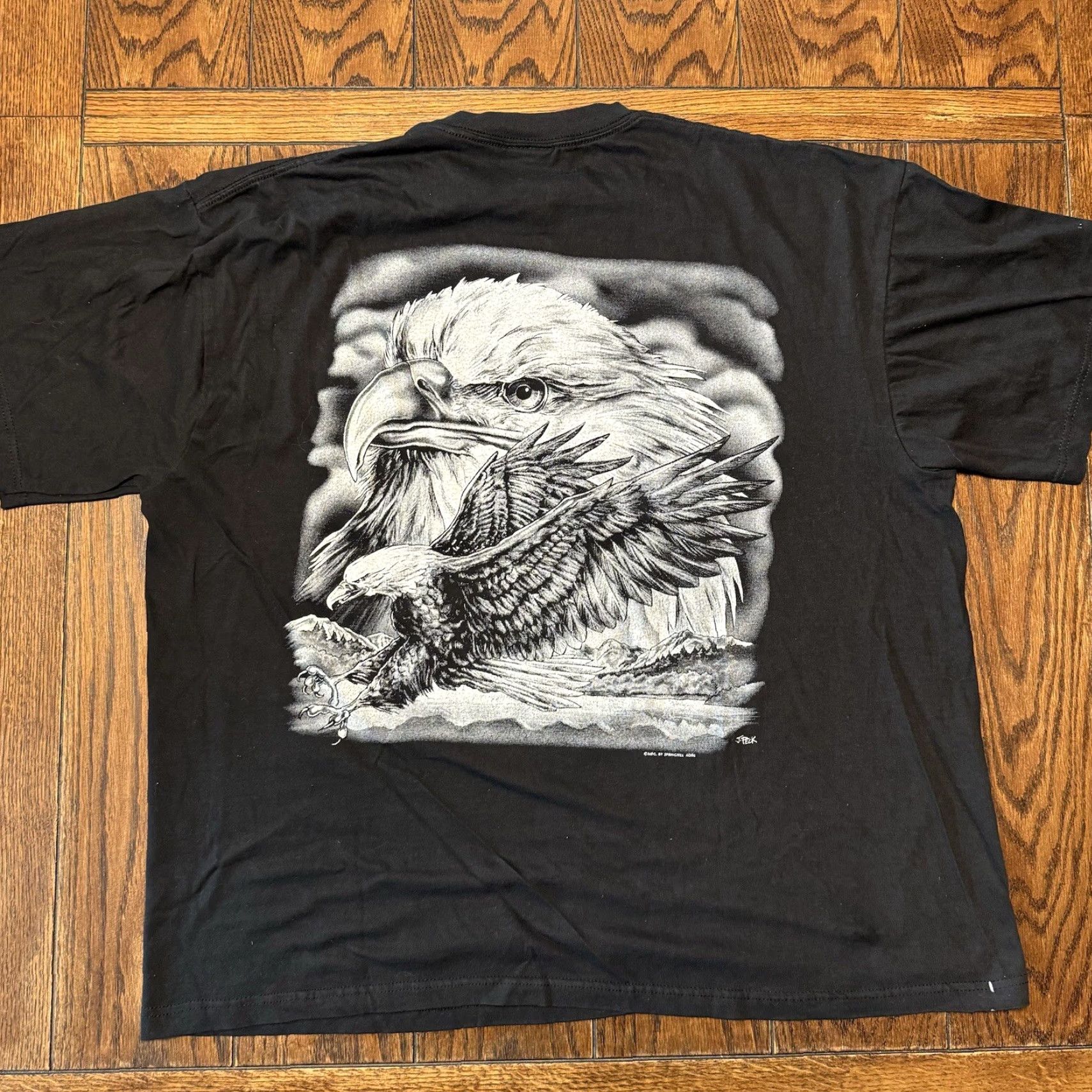 Vintage VINTAGE Thunder Sportswear J. Peck Springhill Bald Eagle Birds Of Prey Graphic Print T Shirt 2XL Black Mens Size US XXL / EU 58 / 5 - 6 Thumbnail