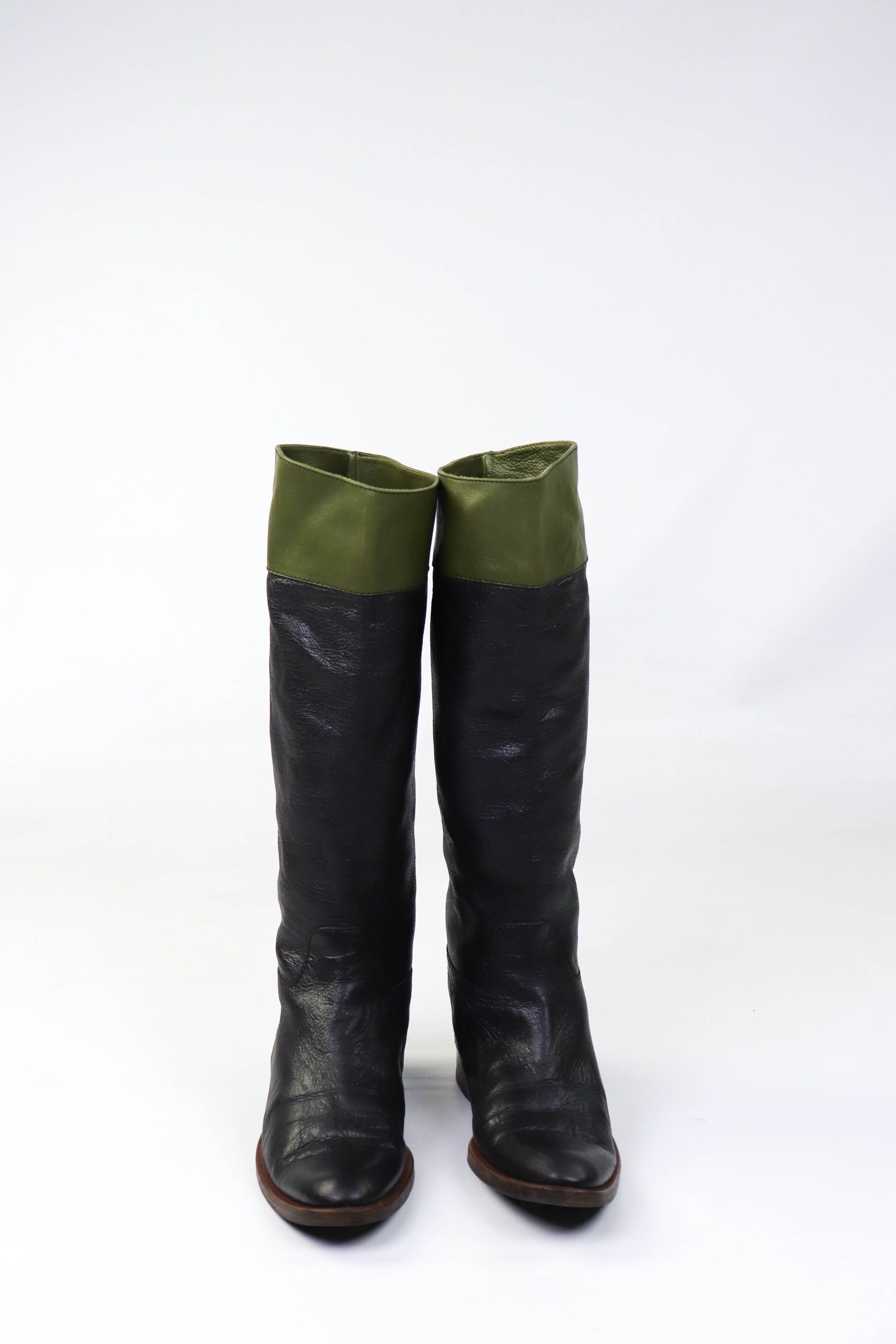 Etro Vintage ETRO Two Tone Green Leather Knee Length Riding Boots Size US 8.5 / IT 38.5 - 3 Thumbnail