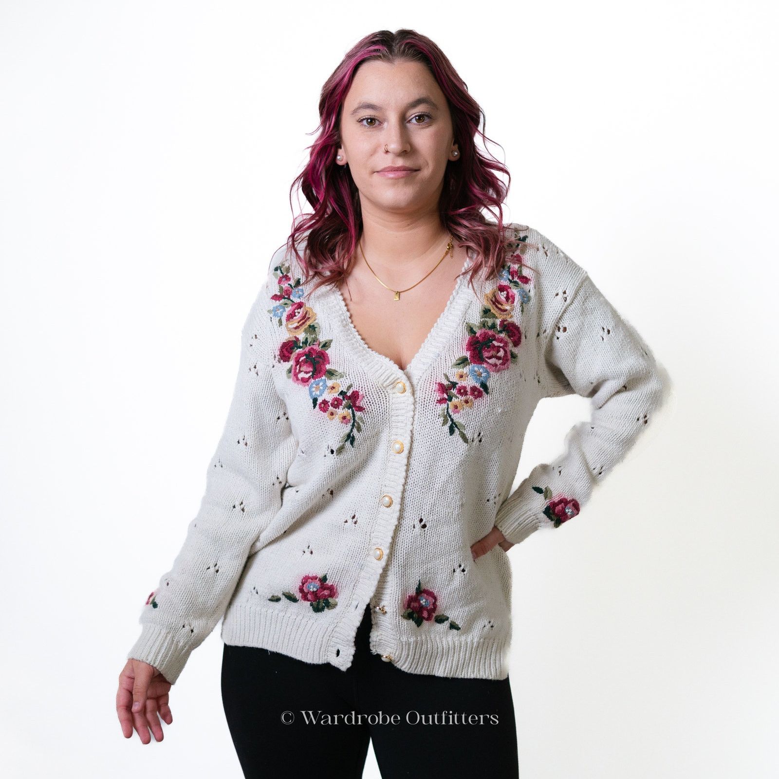 Vintage Vintage 90s Floral Crochet Needlepoint Cardigan Sweater Size S / US 4 / IT 40 - 1 Thumbnail