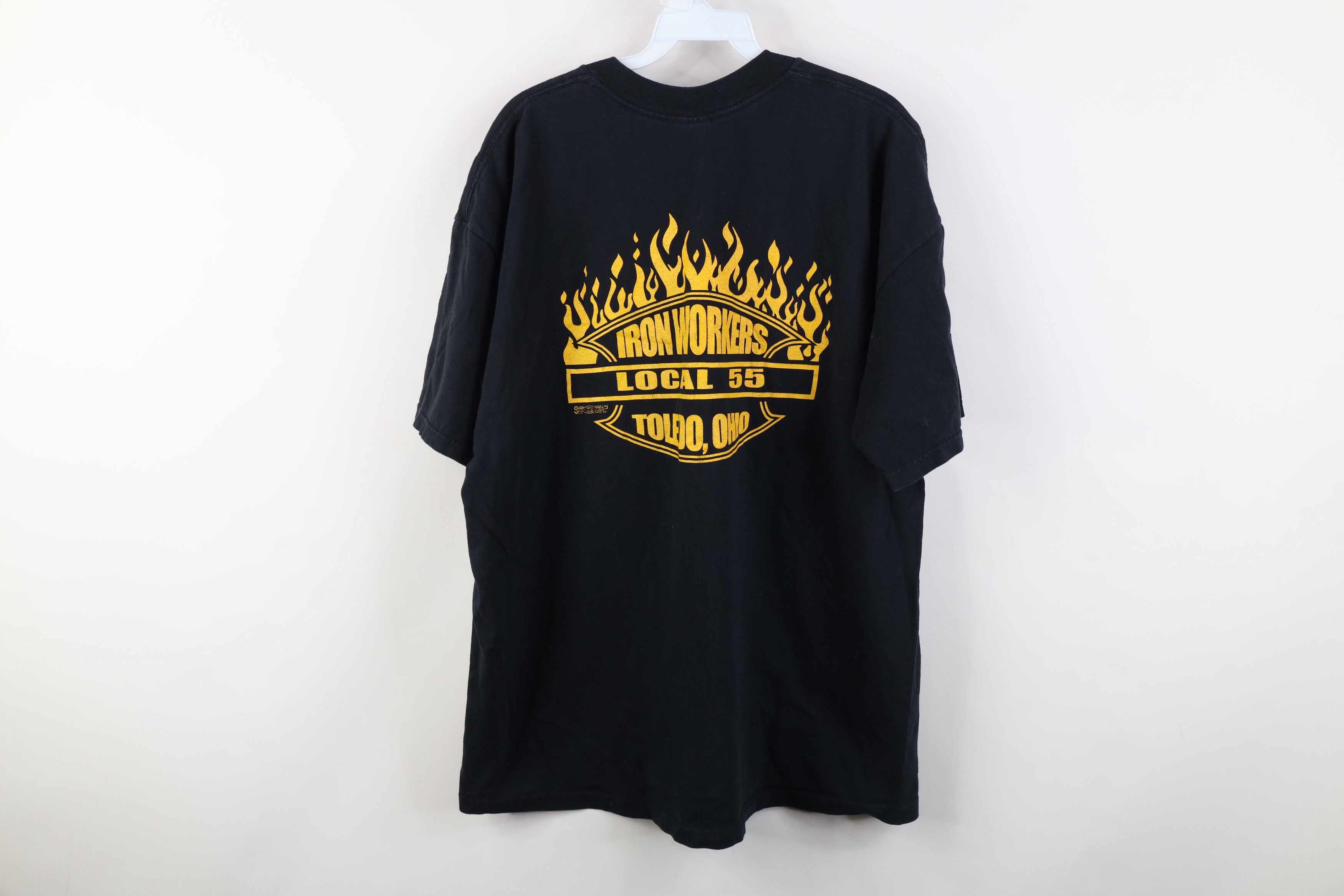 Vintage Vintage 90s Iron Workers Union Fire Flames T-Shirt Black USA Size US XL / EU 56 / 4 - 13 Thumbnail