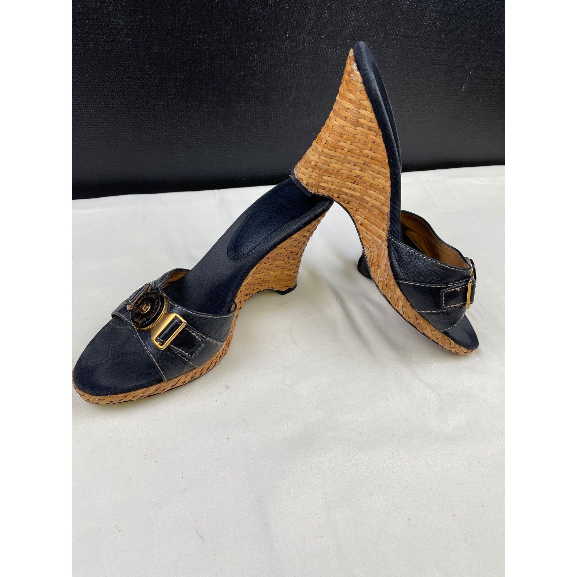 Anne Klein Anne Klein Women's Black Leather Wedged Heel 3.75" Sandals/S Size US 8 / IT 38 - 3 Thumbnail