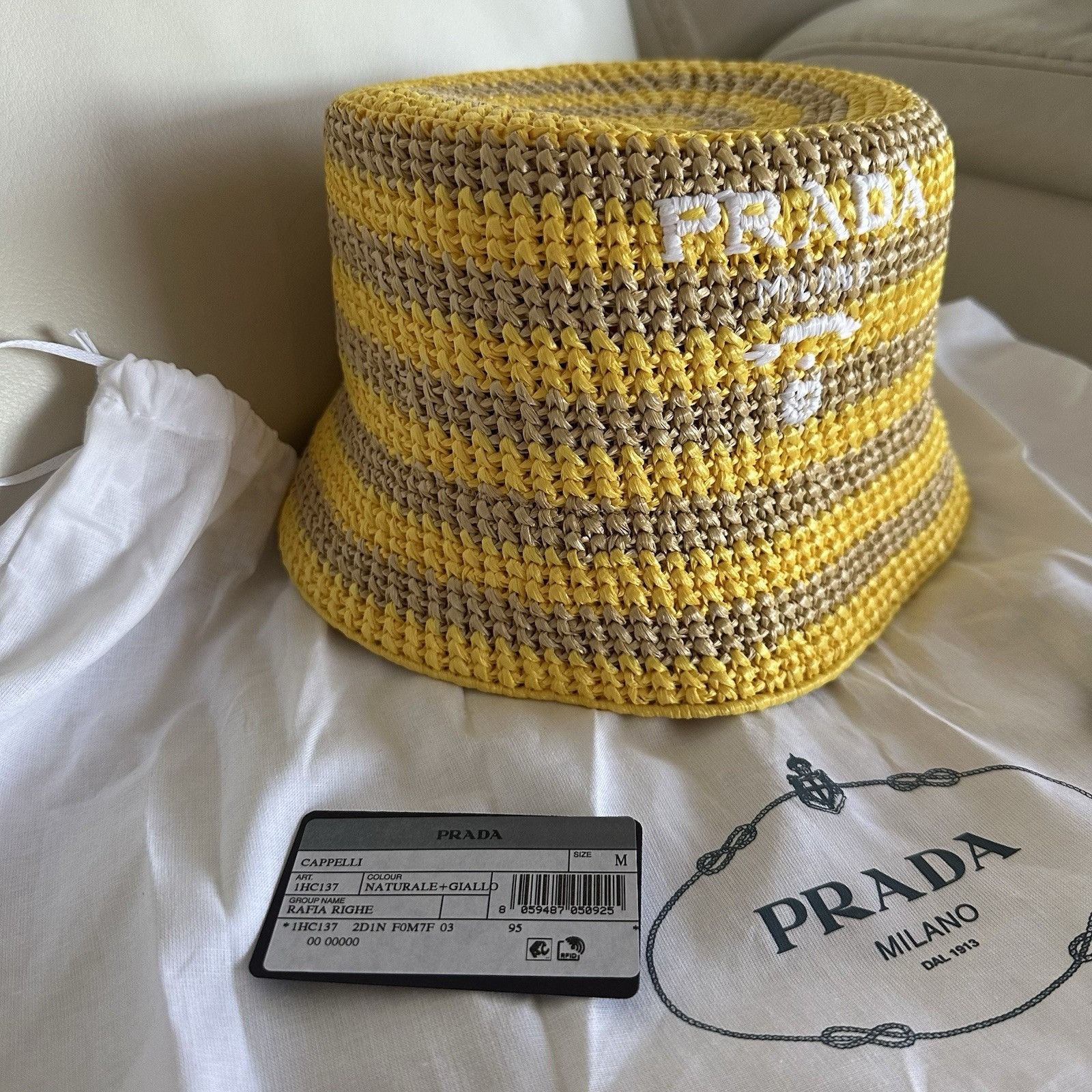 Prada NEW PRADA Raffia Striped Logo Embroidered Womens Bucket Hat Size ONE SIZE - 6 Thumbnail