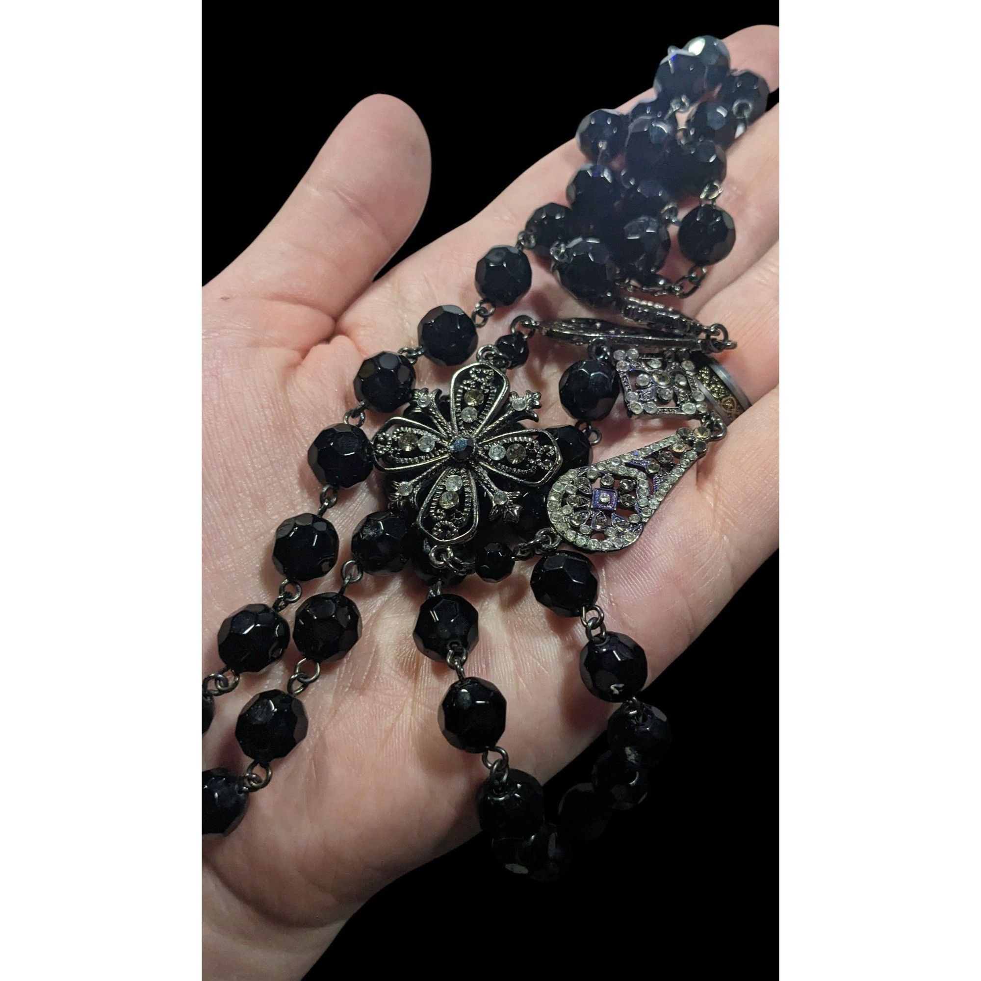 Other Glam Goth Floral Rhinestone Accented Black Beaded Opera Neck Size ONE SIZE - 4 Thumbnail