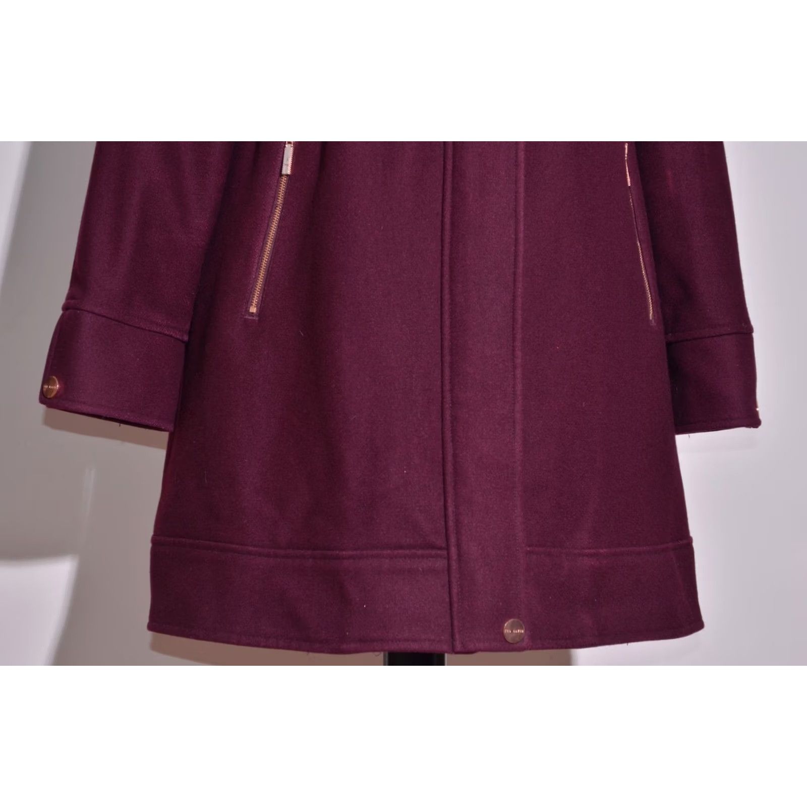 Ted Baker Ted Baker Women's Coat Wool Blend Burgundy Faux Fur Collar Overcoat Winter, Size 2, Regular, Long Sleeve, Zip, Button, Casual, Designer, Adult Womens Size XS / US 0-2 / IT 36-38 - 3 Thumbnail