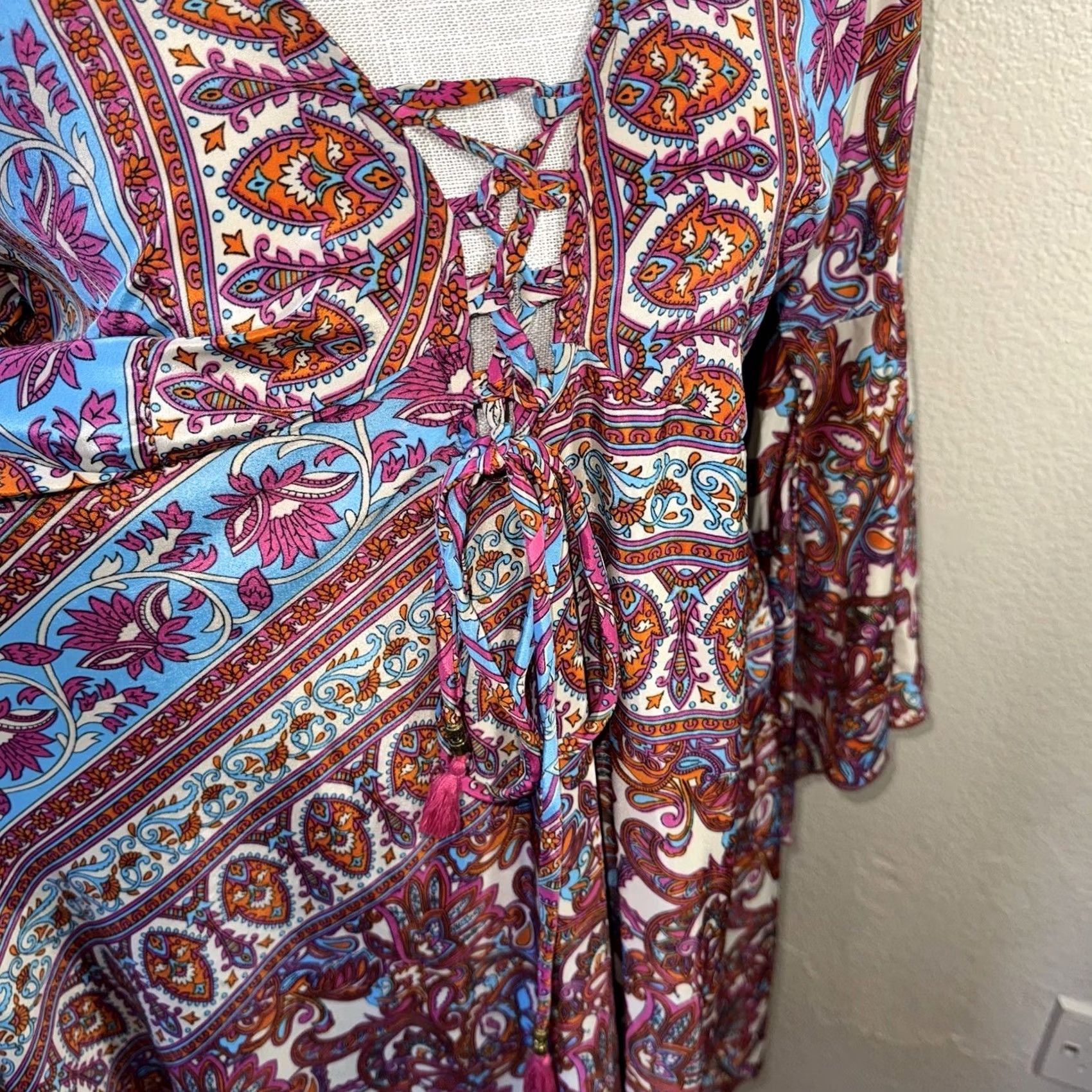karma highway halter dress Maxi OS Paisley Viscose Satin Long Dolman Sleeve Tie Drawstring Backless Empire Waist Multicolor Bohemian Hippie Gown 100% SILK