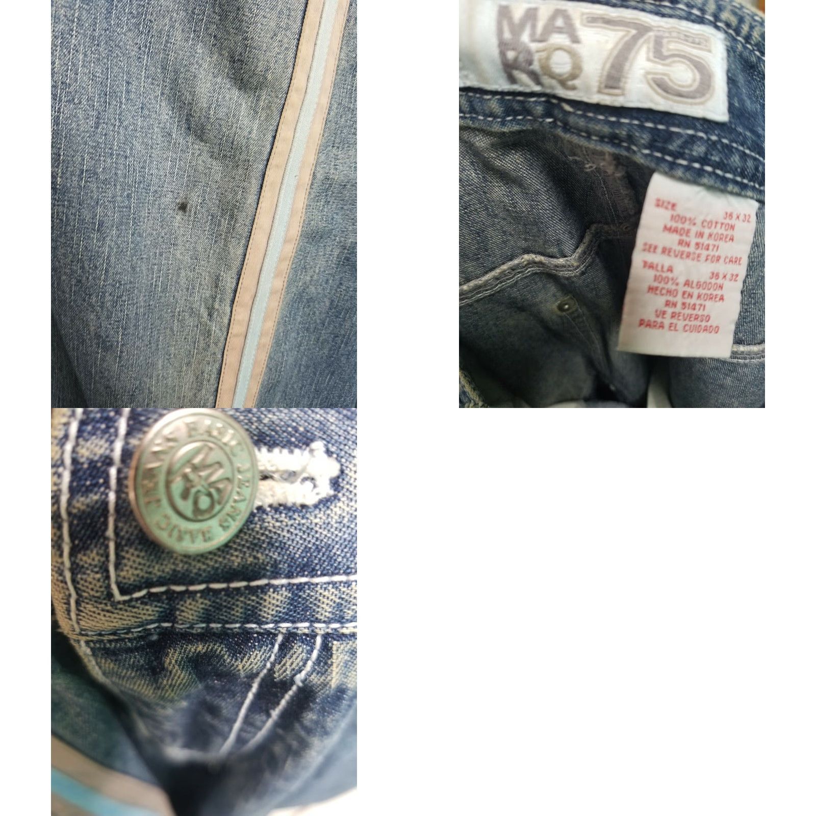 ARQ VINTAGE MARQ SEVENTY FIVE 90s Skater Stripe Baggy Jeans Mens 36x32 Blue Distressed Size US 36 / EU 52 - 8 Thumbnail