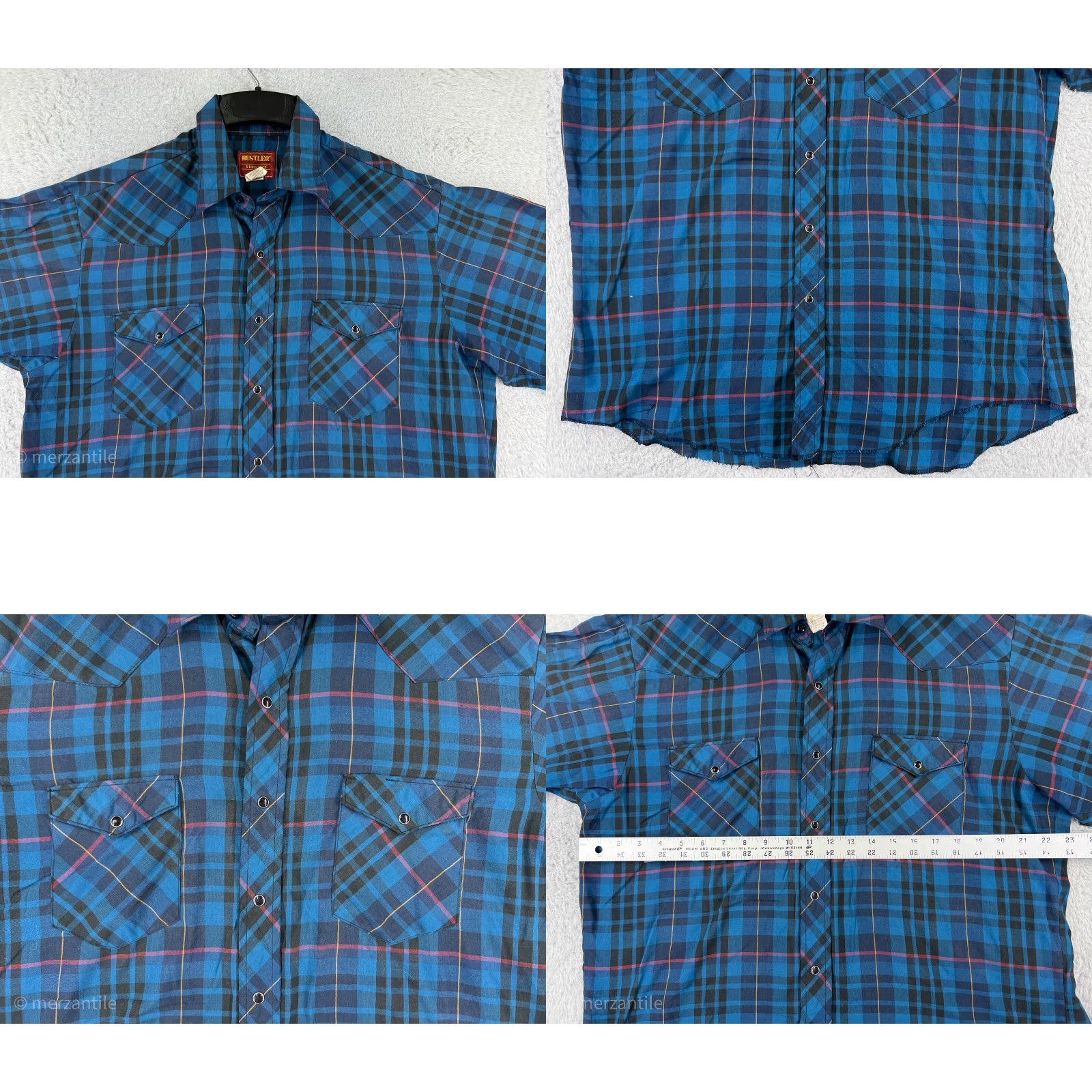 Vintage Rustler Mens Blue Plaid Long Sleeve Button-Up Shirt - X-Long Tail, Pearl Snaps, Western Cowboy, Cotton Blend, 40in Chest, Regular Fit Size US XL / EU 56 / 4 - 8 Thumbnail
