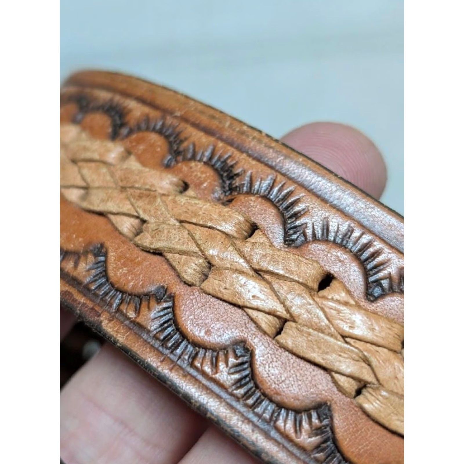 Vintage VINTAGE handcrafted western belt for Men 34 brown cowhide leather Tooled Braided buckle belt 1-3/8" width Size 34 - 3 Thumbnail