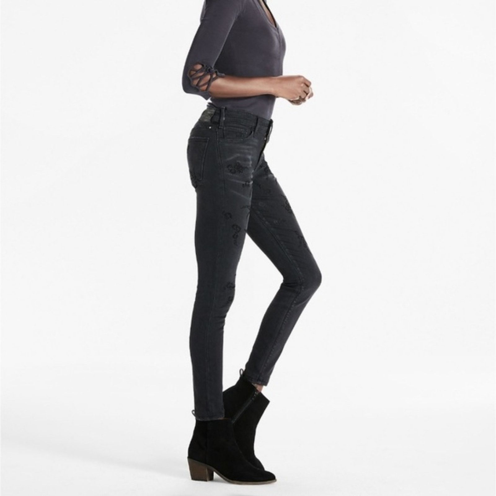 Lucky Brand Black Ava Skinny Jeans and Velvet Floral Detail