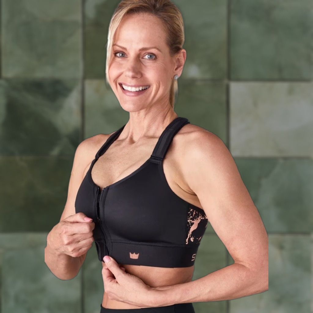 Vintage SHEFIT Flex High Impact Sports Bra Zip Front Black Gold Adjustable 110003 Sz M Size ONE SIZE - 1 Thumbnail