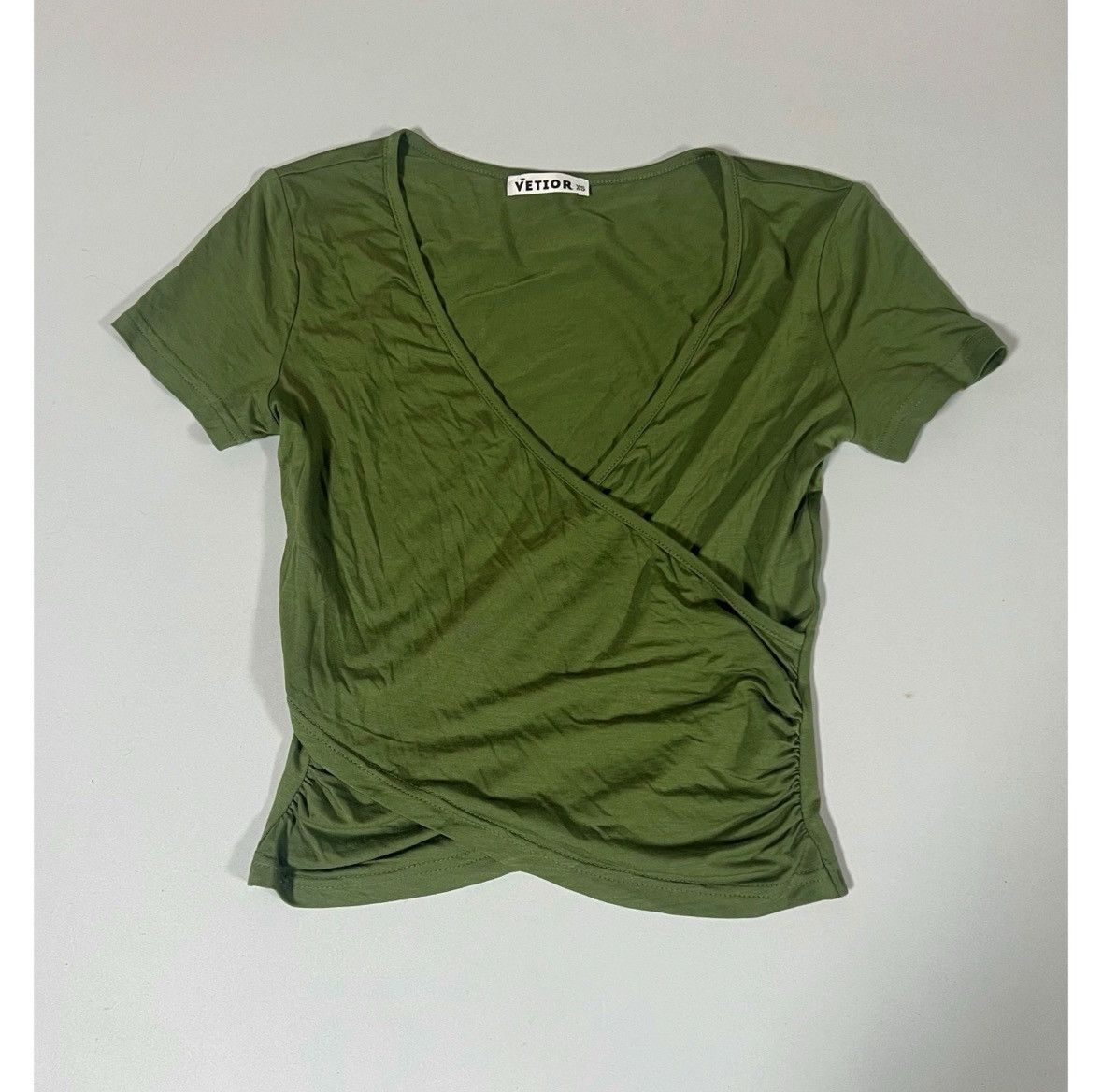 Japanese Brand Olive Green Wrap Ruched Tee Shirt Top Blouse Size XS ✨boho Size XS / US 0-2 / IT 36-38 - 2 Thumbnail